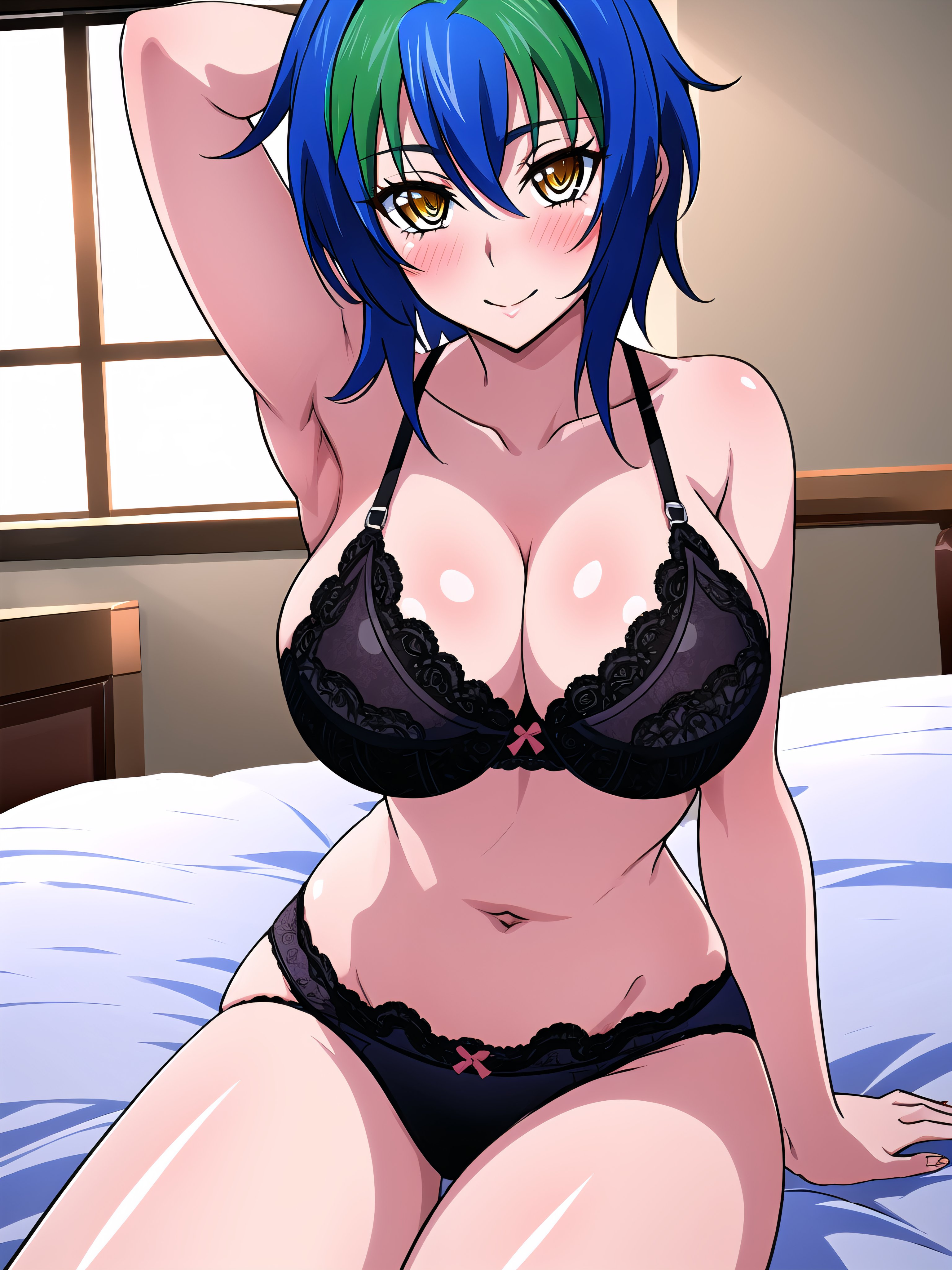 1girls, ai generated, arm behind head, arm support, armpits, bed, big breasts, black bra, black panties, blue hair, breasts, busty, cleavage, female, female only, high school dxd, huge breasts, large breasts, legs, looking at viewer, navel, pose, posing, seductive, seductive smile, sensual, sexy armpits, short hair, sitting, smile, solo, thighs, xenovia quarta, yellow eyes
