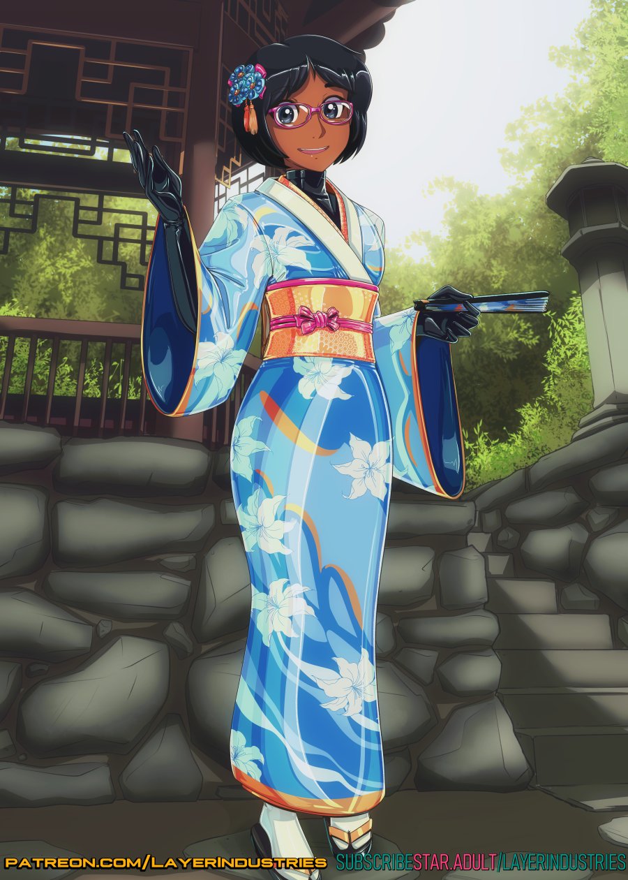 black_hair black_latex blue_eyes blue_latex catsuit commander_rab fan female glasses kimono latex latex_kimono layerindustries odessa odessa_(weirdseal) request sandals sandles short_hair shrine standing waving_at_viewer