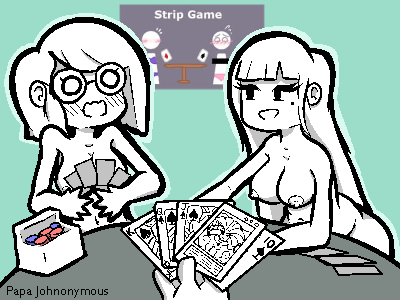 2girls artist_name blush_lines breasts card_game cards embarrassed embarrassed_female embarrassed_nude_female enf female female_only glasses long_hair mob_face multiple_girls nipples papa_johnonymous playing_card playing_games poker poker_cards poker_chip poker_chips strip_poker