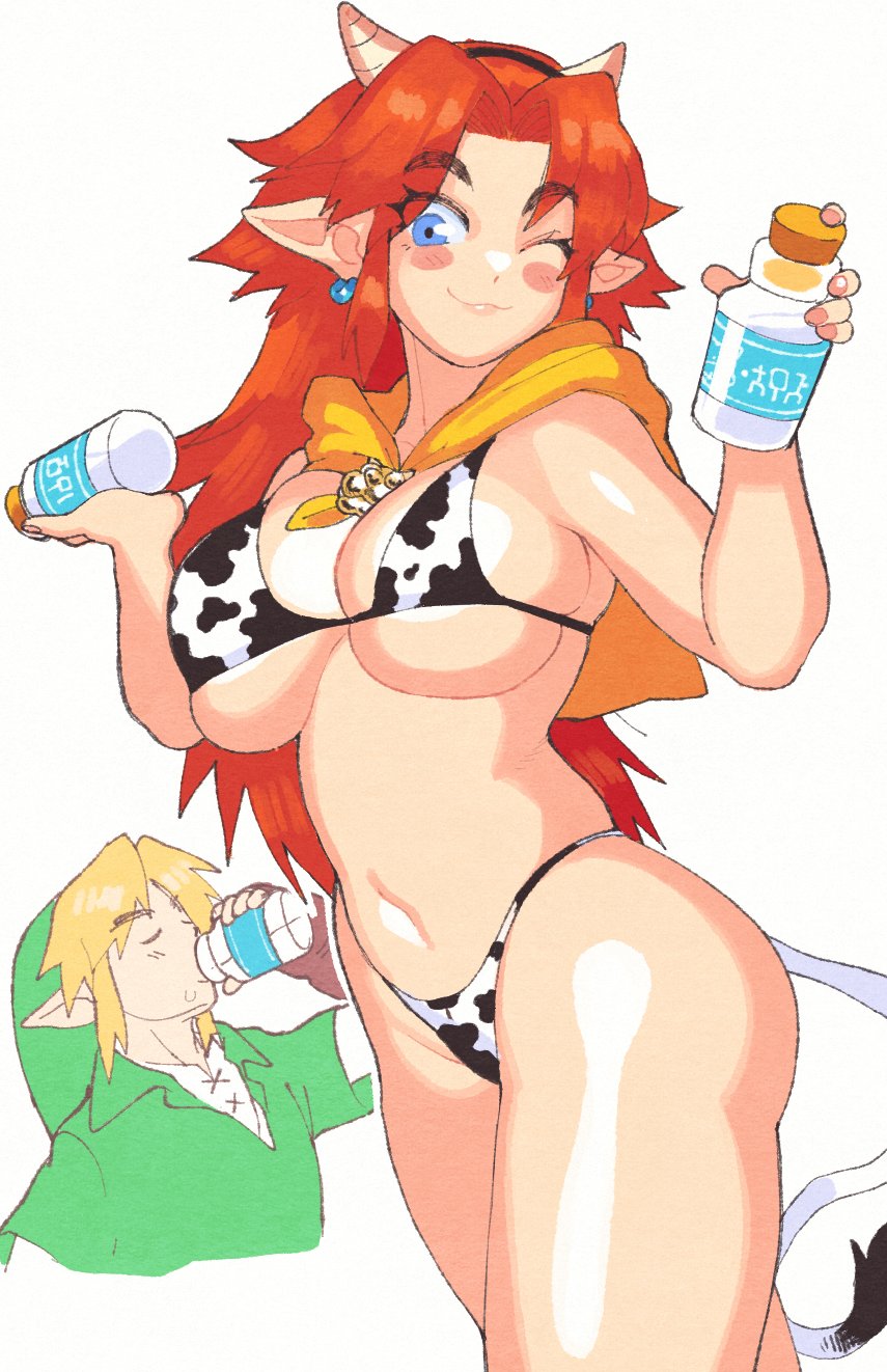 blue_eyes blush cow_horns cow_print cow_print_bikini cow_tail drinking_milk earrings female inkuusan link link_(ocarina_of_time) male malon milk ocarina_of_time orange_hair pointy_ears the_legend_of_zelda wink