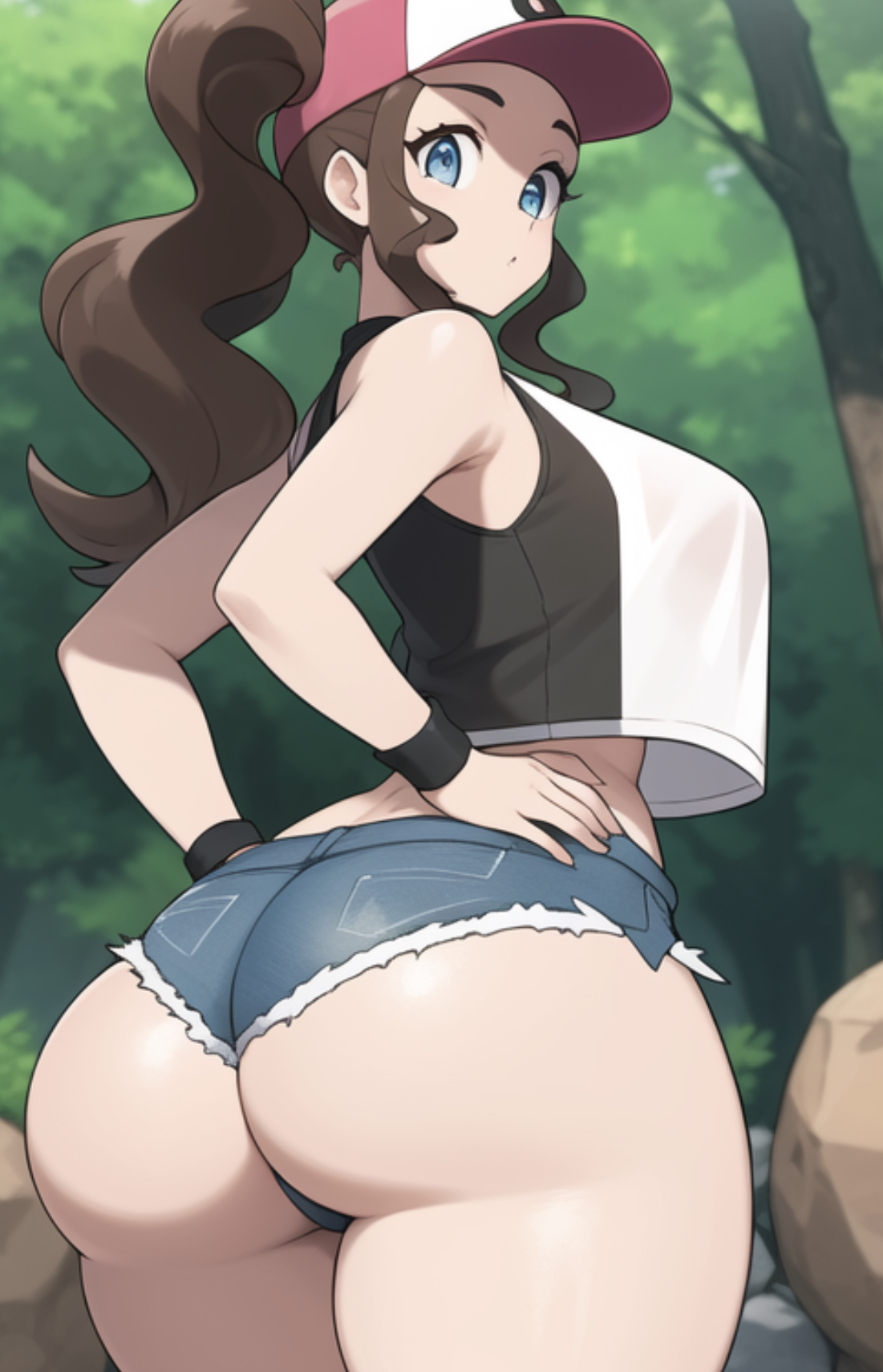 ai generated, ass, ass hanging out of shorts, baseball cap, big ass, blue eyes, booty shorts, brown hair, fat ass, female, hilda (pokemon), looking back, nintendo, pokemon, pokemon bw, shorts, thick, thick thighs