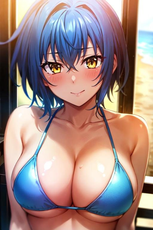 1girls, ai generated, big breasts, bikini, blue bikini, blue hair, breasts, busty, female, female only, hi res, high school dxd, large breasts, looking at viewer, short hair, smile, solo, swimsuit, voluptuous, xenovia quarta, yellow eyes
