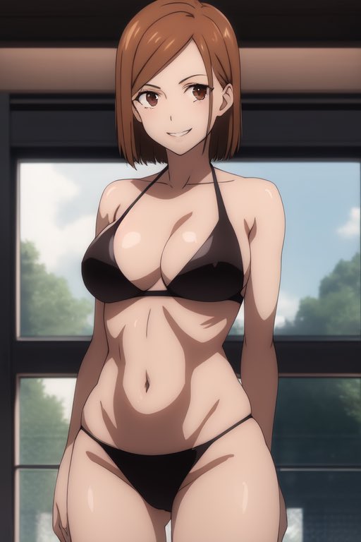 1girls, ai generated, big breasts, bikini, black bikini, breasts, brown hair, busty, cleavage, female, female only, hi res, jujutsu kaisen, kugisaki nobara, large breasts, legs, looking at viewer, navel, short hair, smile, solo, swimsuit, thighs