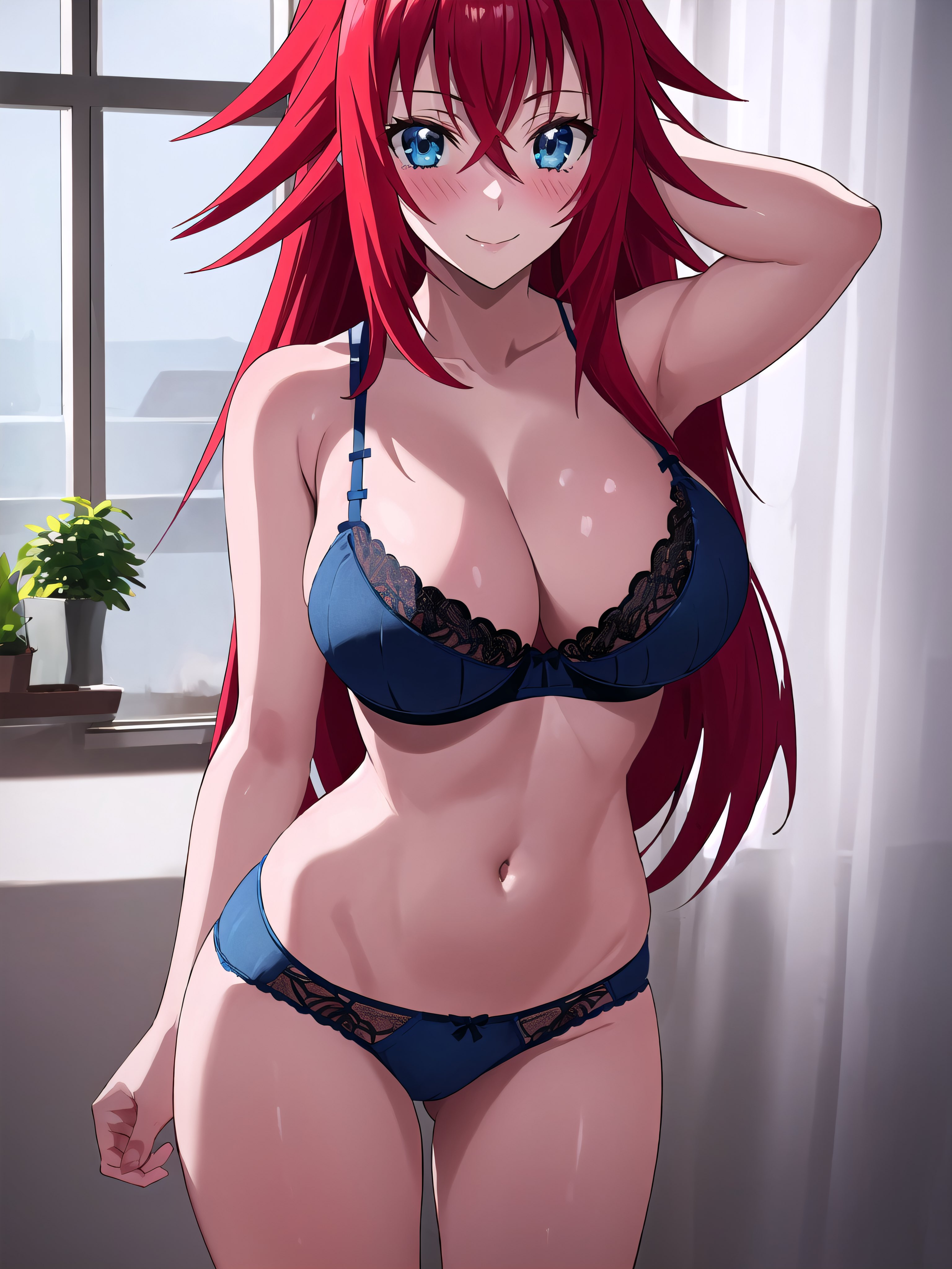 1girls, ai generated, arm behind head, armpits, big breasts, blue eyes, bra, breasts, busty, cleavage, female, female only, hi res, high school dxd, large breasts, legs, navel, panties, pose, posing, red hair, rias gremory, smile, thighs, very long hair, voluptuous