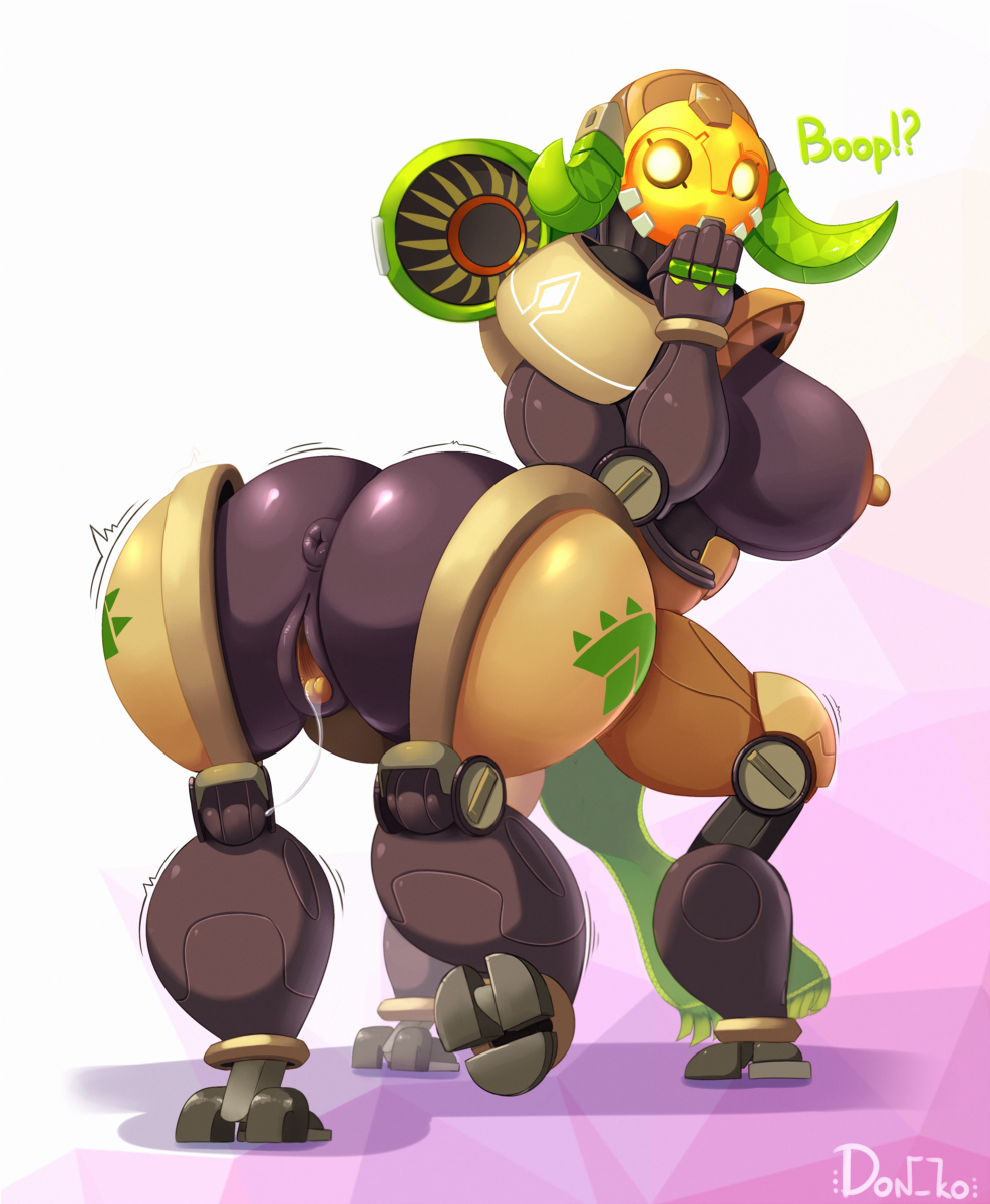 2017, 2d, anus, areola, ass, big ass, big breasts, big butt, blizzard entertainment, breasts, centaur, clitoral winking, clitoris, don ko, english text, equine, equine taur, erect nipples, female, glowing, glowing eyes, horn, huge ass, huge breasts, huge butt, living machine, machine, mammal, nipples, omnic, orisa, overwatch, pussy, pussy juice, rear view, robot, simple background, taur, text, underhoof, video games