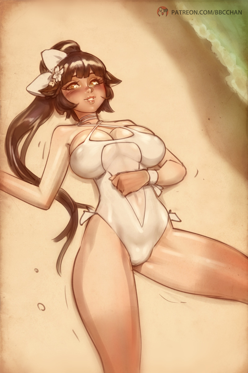 1girls, azur lane, bare shoulders, bbc-chan, beach, blush, breasts, cleavage, female, female only, flower, hair flower, kemonomimi, long hair, looking at viewer, lying, monochrome, one-piece swimsuit, ponytail, see-through, smile, solo, swimsuit, takao (azur lane), tan, tan lines, tied hair, voluptuous, white swimsuit