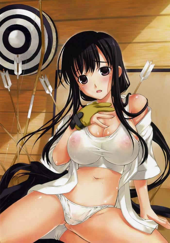 archery black_hair long_hair oppai see-through sheer sweat