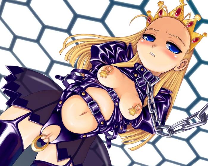 blonde_hair blue_eyes bondage capcom clit_pull clit_torture clitoris_piercing collar devilot_de_deathsatan_ix female leash long_hair navel nipple_piercing nipple_pull nipple_rings oppai pregnant saikyou_anaheim small_breasts solo