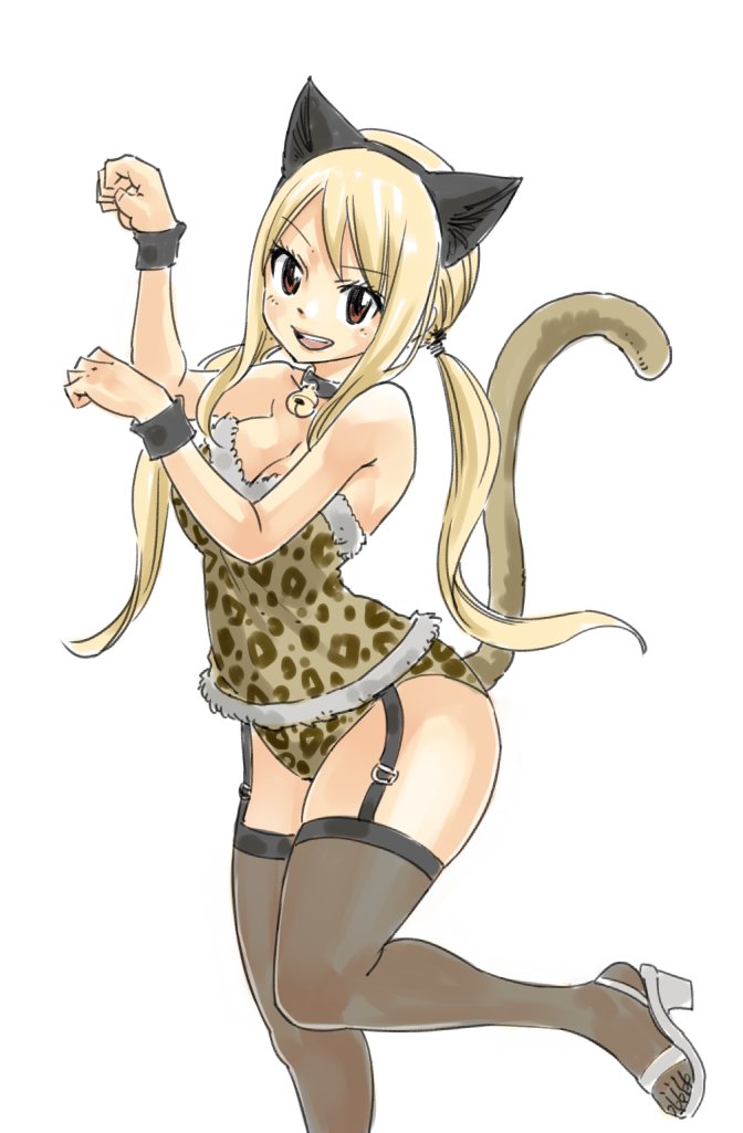 ass, big ass, big breasts, blonde hair, breasts, brown eyes, cat ears, cat tail, curvy, fairy tail, female, fur trim, heels, hips, leopard print, lingerie, lucy heartfilia, smile, stockings, straps, thighs