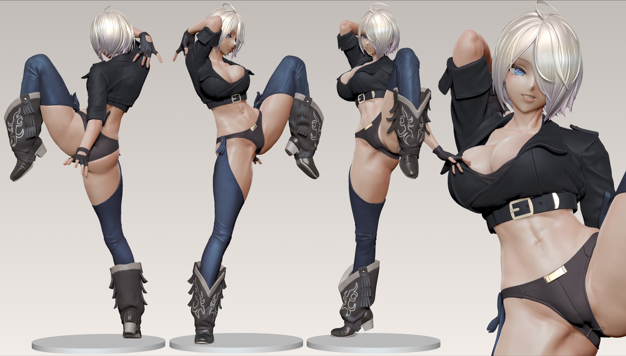 1girls, 3d, angel (kof), arm behind head, ass, big ass, big breasts, blue eyes, breasts, busty, female, grey hair, hair over one eye, hi res, king of fighters, large breasts, leg lift, legs, leslyzerosix, looking at viewer, midriff, multiple views, navel, parted lips, pose, posing, short hair, smile, snk, solo, standing on one leg, thighs