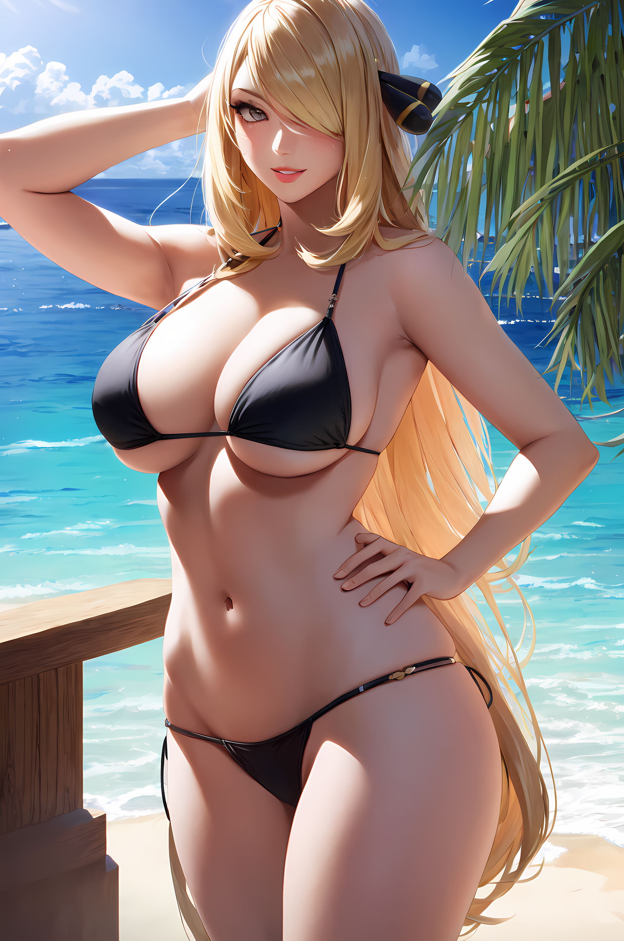 1girls ai_generated arm_behind_head beach big_breasts bikini black_bikini blonde_hair busty cleavage cynthia_(pokemon) female female_only grey_eyes hair_over_one_eye hand_on_hip hi_res large_breasts legs long_hair looking_at_viewer model_pose navel nintendo ocean parted_lips pink_lipstick pokemon pokemon_trainer pose posing seductive seductive_smile sensual smile solo source_request stable_diffusion swimsuit thighs voluptuous water