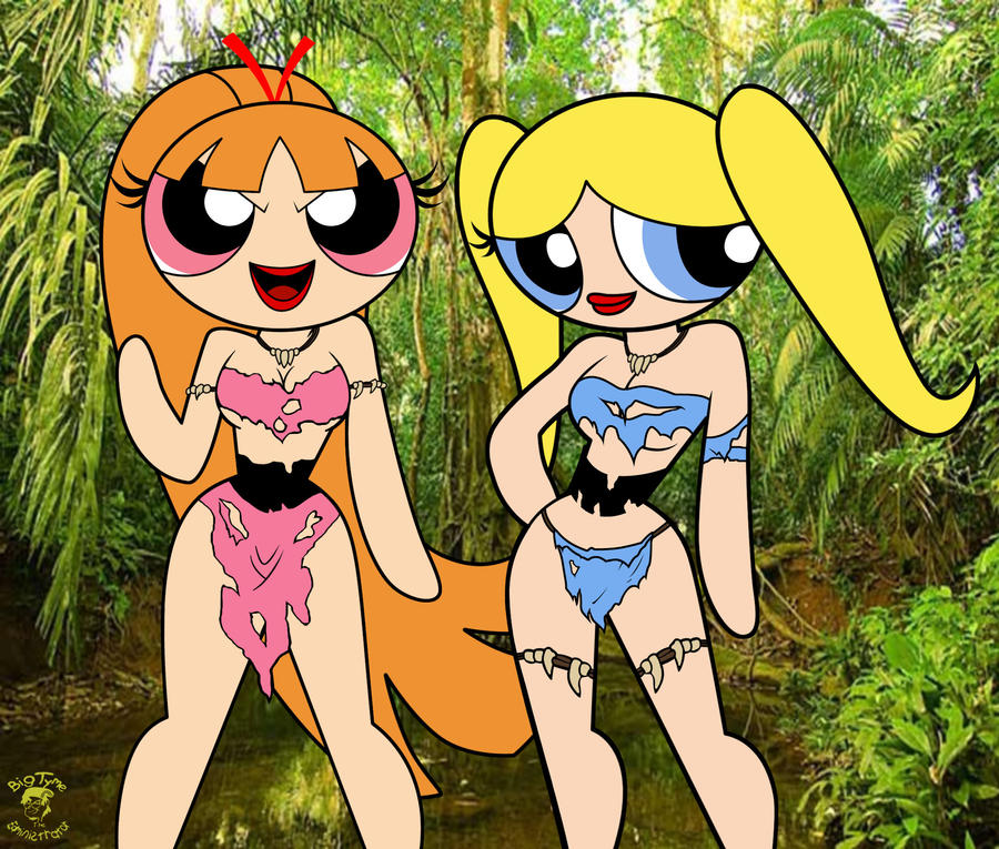 2010 2girls blonde_hair blossom_(powerpuff_girls) blue_eyes breasts bubbles_(powerpuff_girls) cartoon_network eyelashes female forest lipstick long_hair mouth_open outdoors pink_eyes ponytail powerpuff_girls red_hair smile tagme torn_clothes twintails