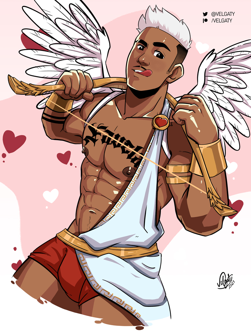 abs biceps bow bulge dark-skinned_male dark_skin hearts licking_lips looking_at_viewer male male_only melanin muscles muscular muscular_male pecs smooth_chest smooth_skin tattoos titto_(velgaty) twitter_user_oc velgaty wings