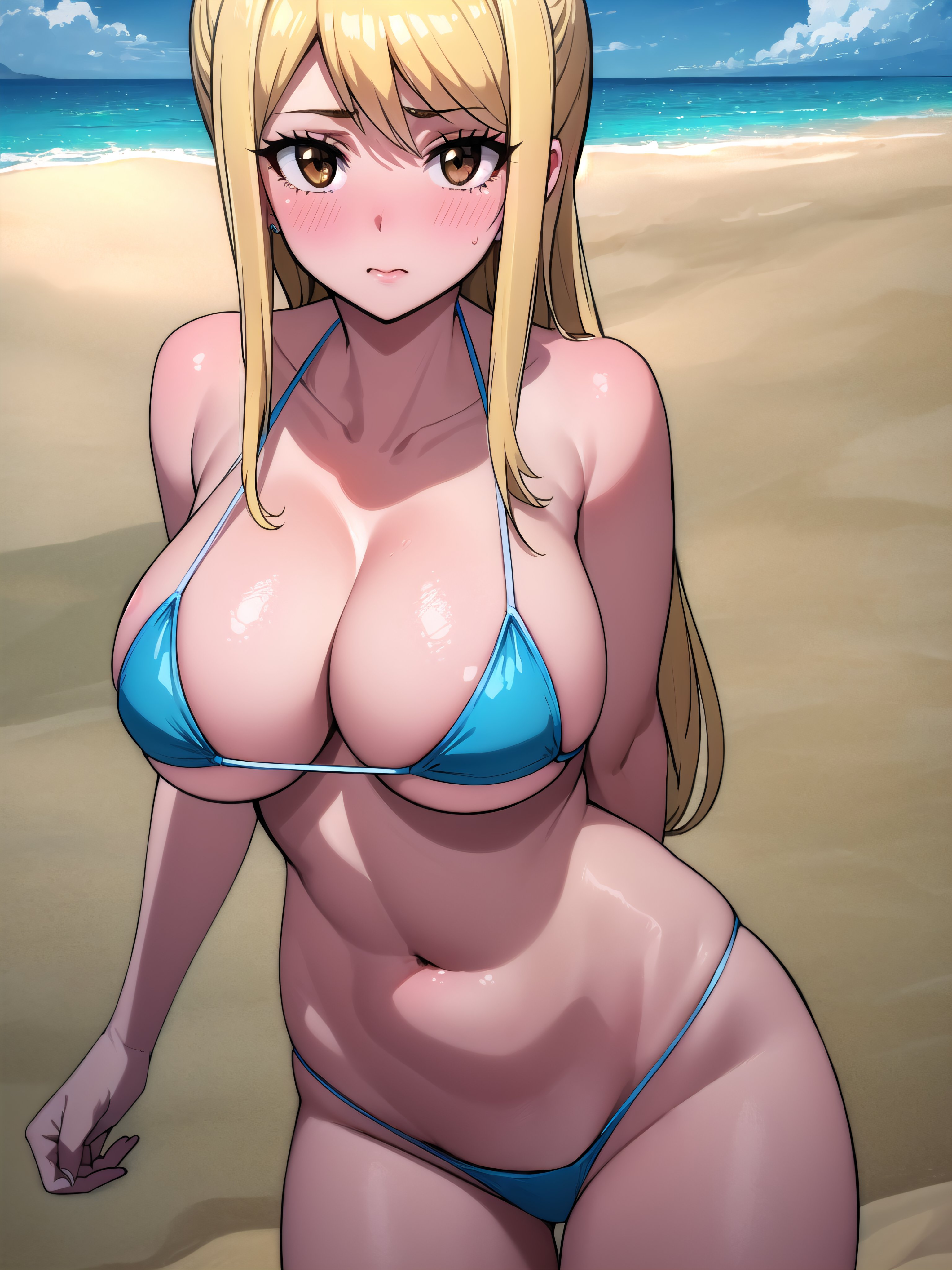 1girls, ai generated, big breasts, bikini, blonde hair, blue bikini, breasts, brown hair, busty, cleavage, fairy tail, female, female only, large breasts, legs, long hair, looking at viewer, lucy heartfilia, solo, stable diffusion, thighs, toned, voluptuous