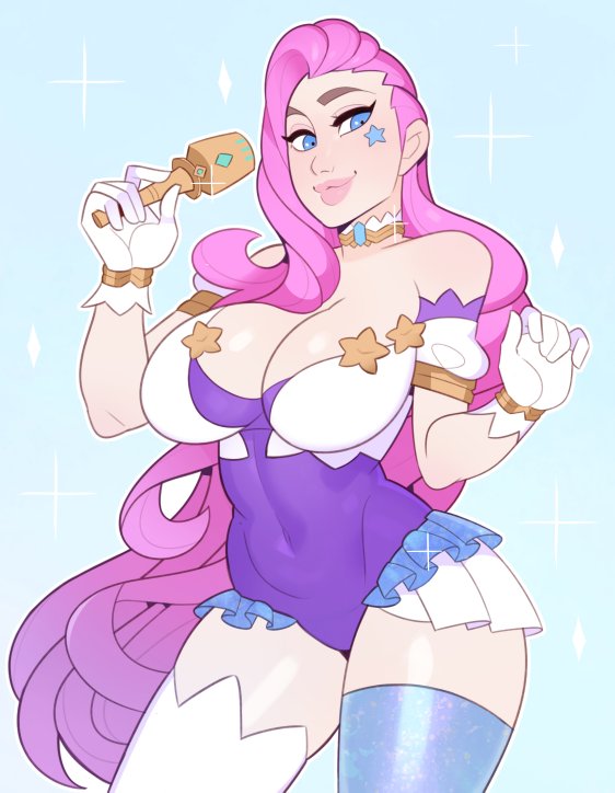 blue eyes, breasts, exposed breasts, face tattoo, female, gloves, large breasts, league of legends, lipstick, long hair, looking at viewer, microphone, pink hair, seraphine (league of legends), sfw, splashbrush, white gloves