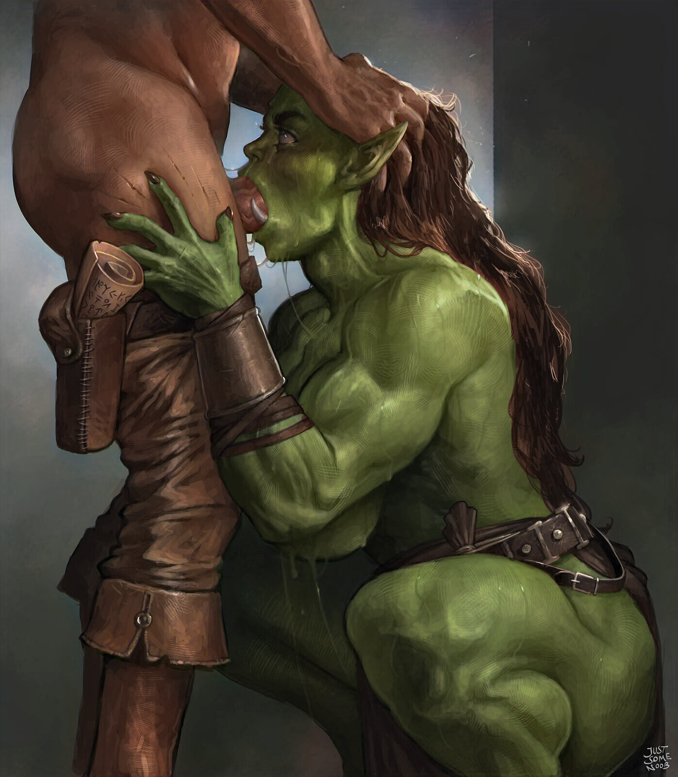1boy, 1girls, blowjob, deepthroat, fellatio, female, green skin, head grab, human, human male, human penetrating, humanoid, interspecies, irrumatio, justsomenoob, light skin, light-skinned male, male, male human/female humanoid, muscular, muscular female, oral, orc, orc female, penis, tusks