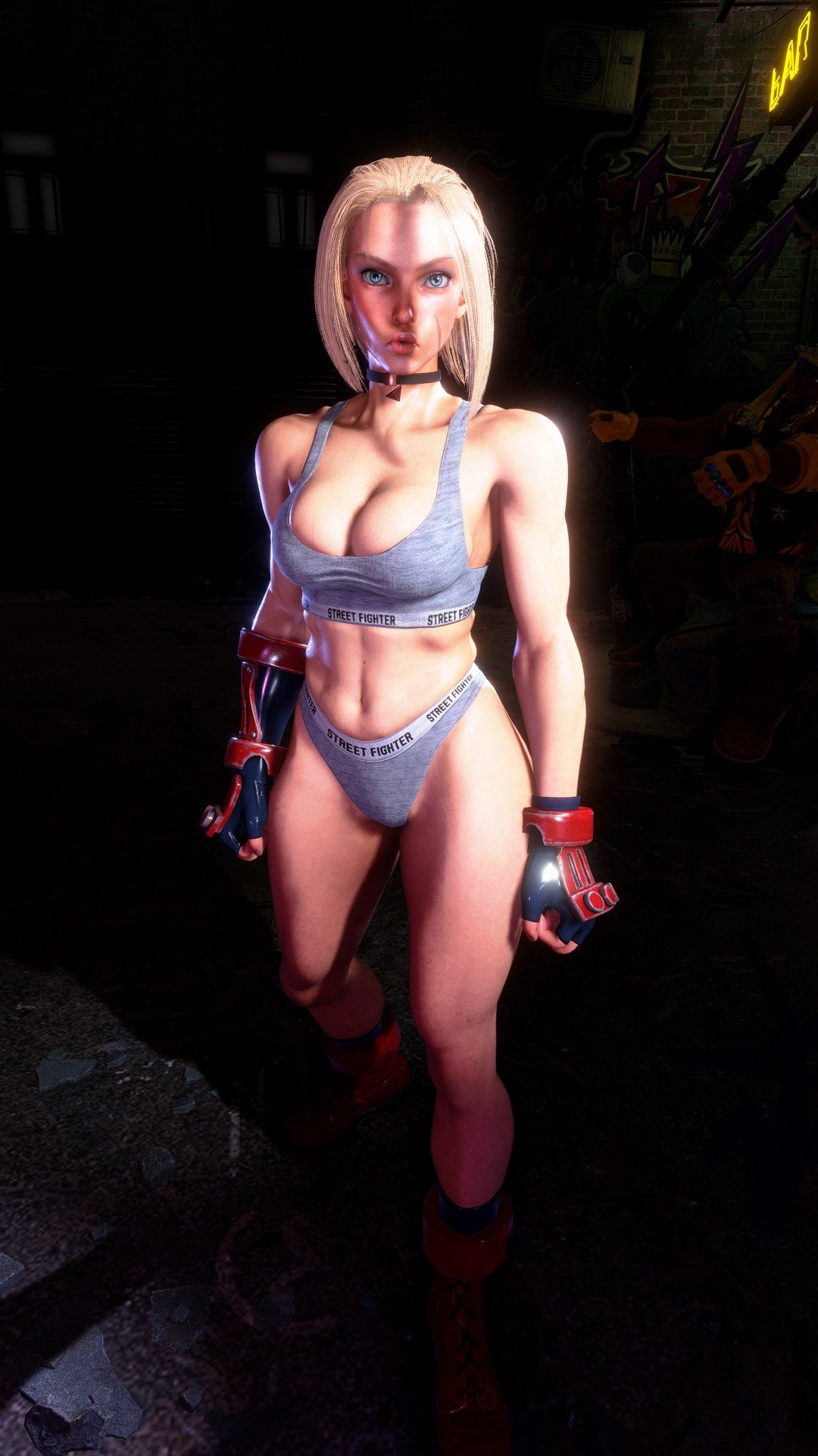 1girls, 3d, big breasts, blonde hair, blue eyes, breasts, busty, cammy white, capcom, cleavage, female, large breasts, looking at viewer, mod, navel, panties, puckered lips, short hair, solo, solo female, sportswear, street fighter, street fighter 6, tank top, thick thighs, toned, voluptuous