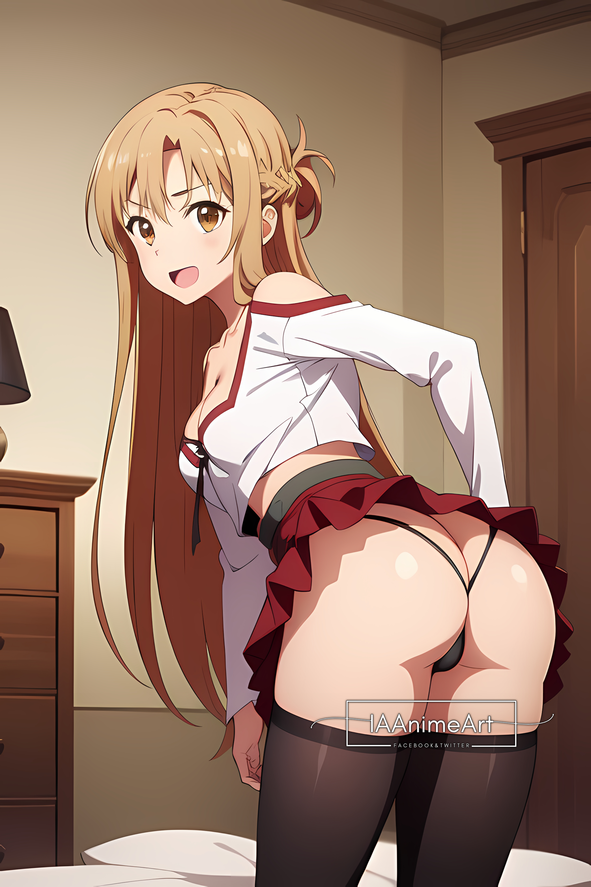 1girls, ai generated, ass, bent over, big ass, breasts, brown hair, fat ass, female, female only, legs, long hair, looking at viewer, medium breasts, sideboob, skirt, skirt lift, smile, solo, sword art online, thighs, thong, yuuki asuna