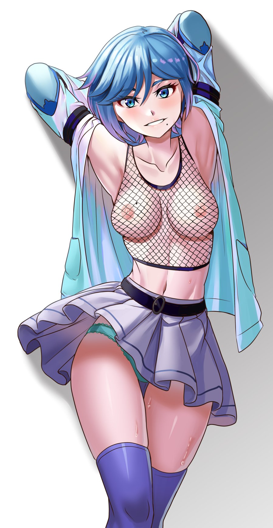 1girls, armpits, arms behind head, blue eyes, blue hair, breasts, female, fishnet, fishnet shirt, fishnets, mole on breast, mole under mouth, nico-mo, nipples, oc, open jacket, original, panties, skirt, solo, standing, stockings, tagme, thighhighs