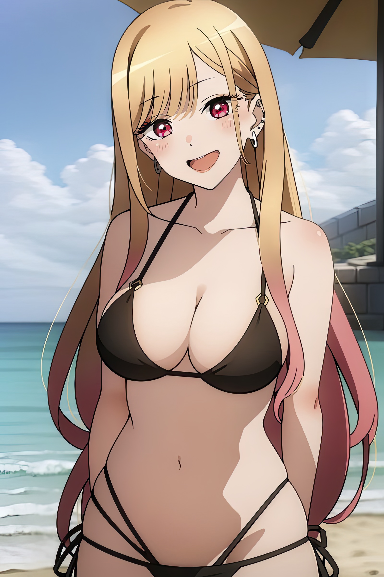 1girls, ai generated, arms behind back, beach, bikini, black bikini, blonde hair, breasts, cleavage, female, female only, kitagawa marin, large breasts, legs, long hair, looking at viewer, navel, ocean, pink eyes, solo, sono bisque doll wa koi wo suru, stable diffusion, swimsuit, thighs, voluptuous, water