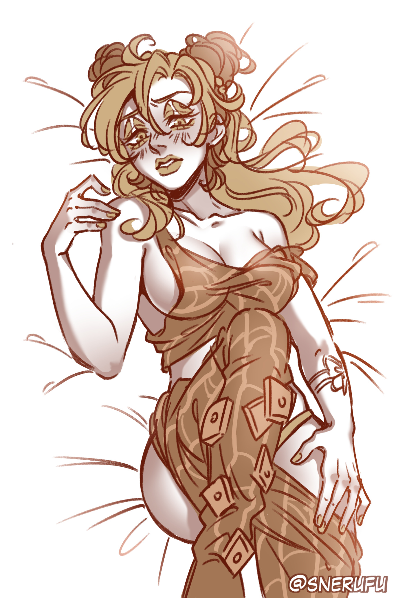 aroused, bed, big breasts, blush, breasts, collarbone, female, female focus, female only, hairbun, horny, horny female, jojo's bizarre adventure, jolyne kujo, long hair, looking at viewer, lying, lying on back, lying on bed, no bra, on bed, panties, pants down, snerufu, stone ocean, strap slip, undressing