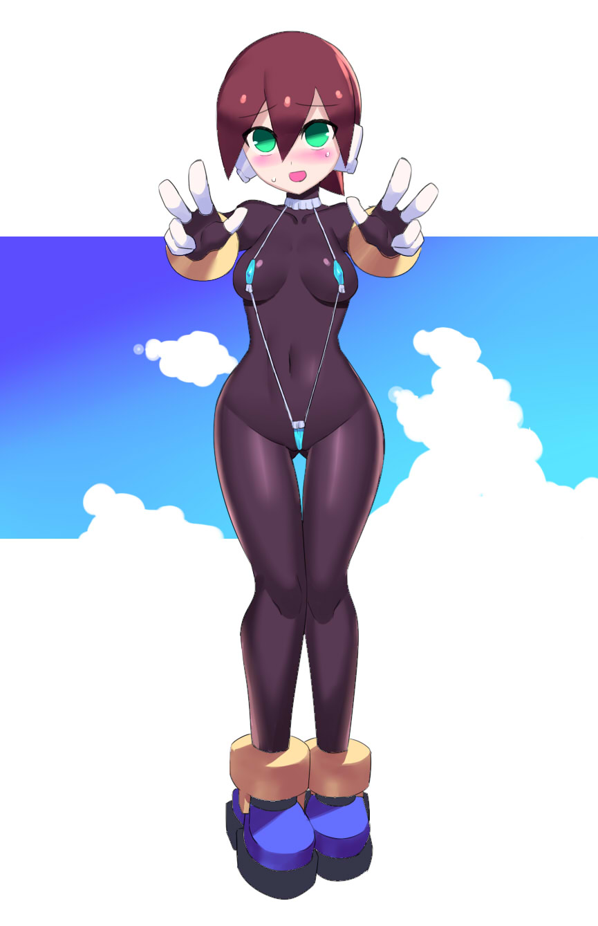 aile alternate_costume black_bodysuit blue_one-piece_swimsuit blush bodystocking bodysuit breasts brown_hair cameltoe cloud female full_body gloves green_eyes highres looking_at_viewer mega_man mega_man_zx navel one-piece_swimsuit robot_ears short_hair sidelocks skin_tight slingshot_swimsuit smile solo spandex swimsuit swimsuit_over_clothes turtleneck ukimukai