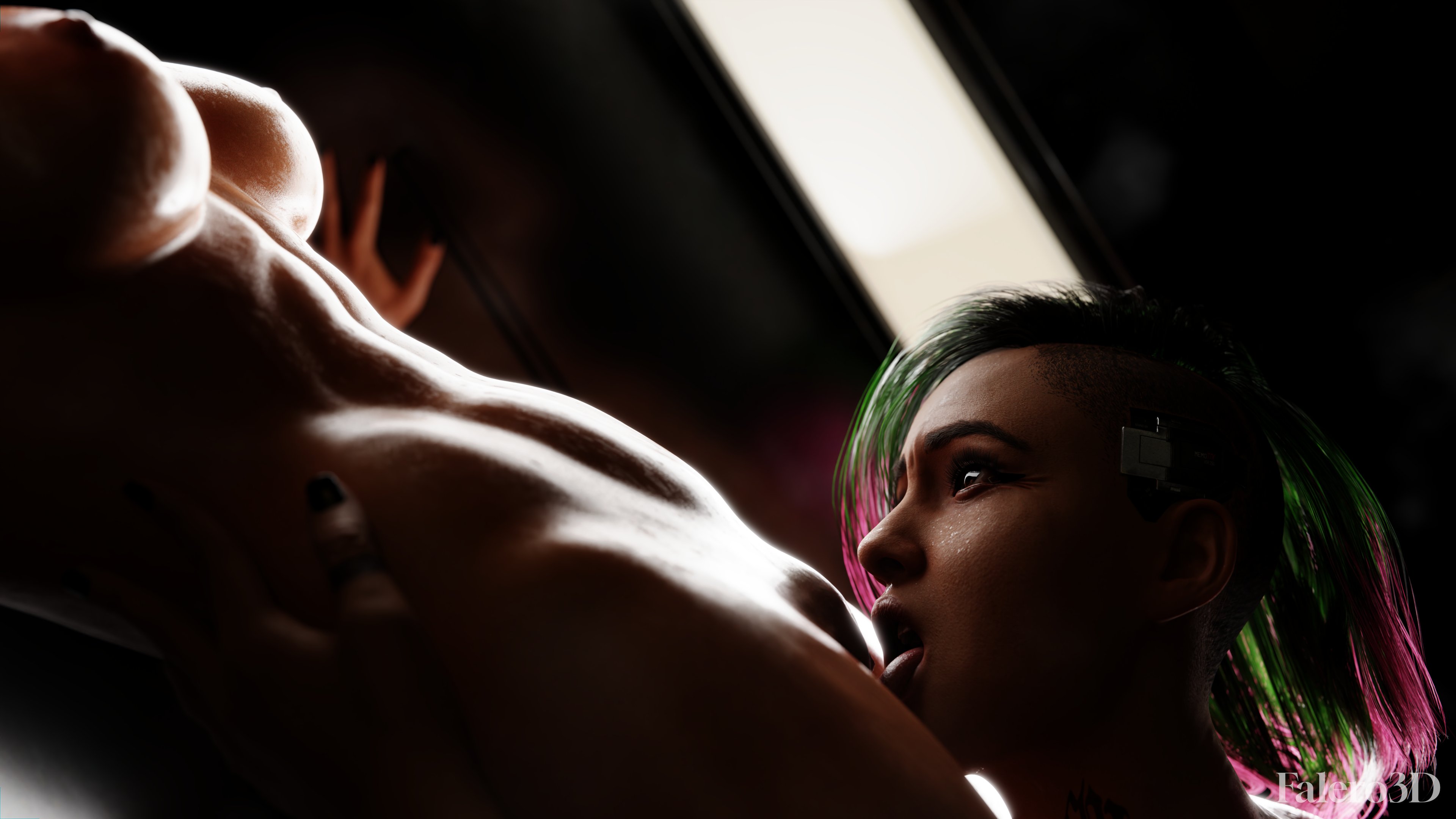 2020s, 2023, 2girls, 3d, breasts, cunnilingus, cyberpunk 2077, dark, dyed hair, eating pussy, eye contact, falero3d, female, female only, female/female, hand on hip, hi res, judy alvarez, looking at partner, multicolored hair, nude, nude female, open mouth, oral, oral sex, painted nails, pussy, shadow, tattoo, tongue, tongue out, v (cyberpunk 2077), valerie (cyberpunk 2077), video game character, yuri