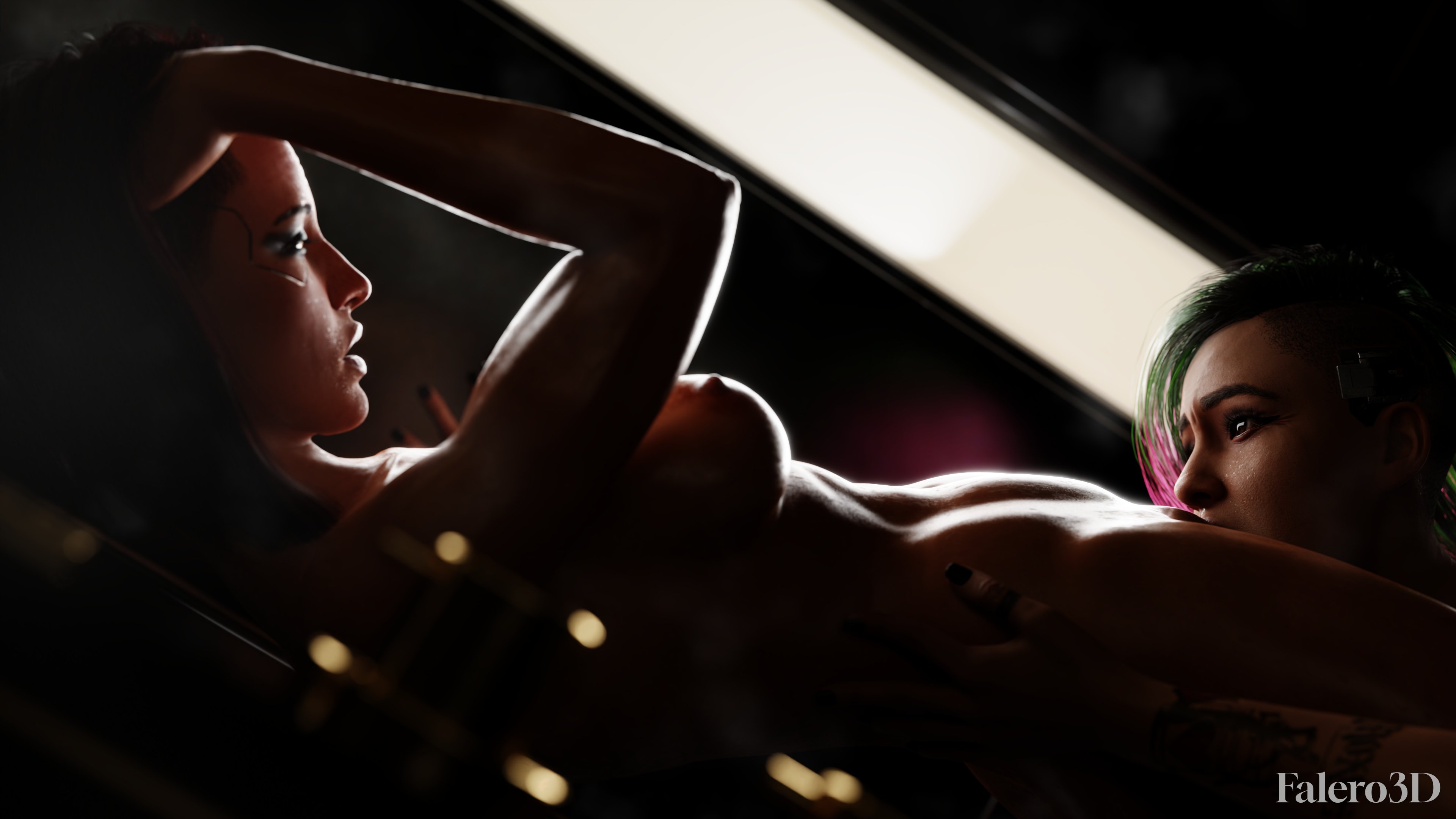 2020s, 2023, 2girls, 3d, breasts, cunnilingus, cyberpunk 2077, dark, dyed hair, eating pussy, eye contact, eyeshadow, falero3d, female, female only, female/female, hand in hair, hand on head, hand on hip, hi res, judy alvarez, looking at each other, looking at partner, makeup, multicolored hair, nude, nude female, oral, oral sex, painted nails, pussy, shadow, tattoo, tattooed arm, v (cyberpunk 2077), valerie (cyberpunk 2077), video game character, yuri