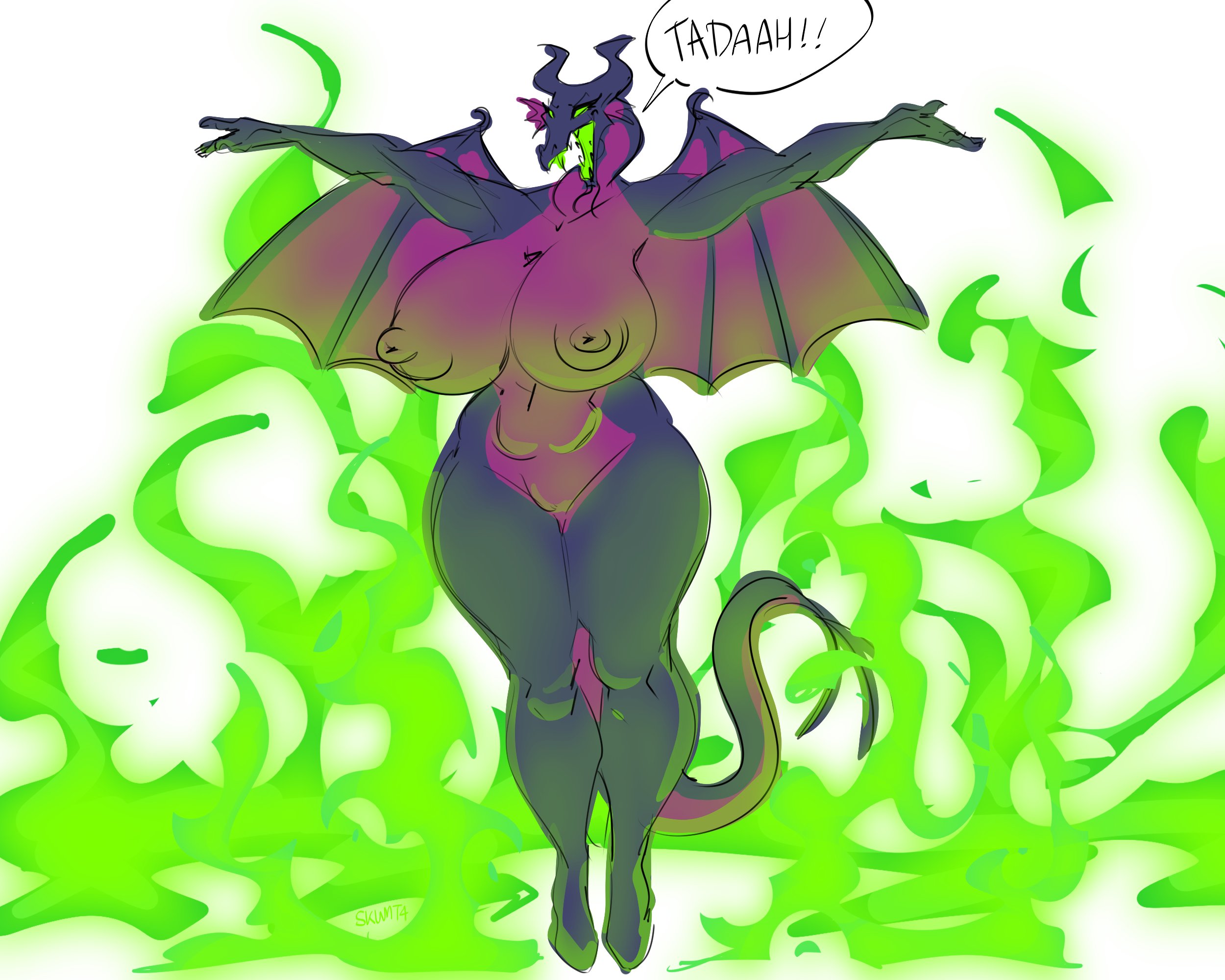after transformation, anthro, barely visible genitalia, barely visible pussy, belly, big breasts, breasts, chubby female, curvy figure, digital media (artwork), disney, disney villains, dragon, english text, female, fingers, frill (anatomy), genitals, hi res, hourglass figure, maleficent, membrane (anatomy), membranous frill, nipples, nude, open mouth, pose, post-transformation, pussy, scalie, seductive, simple background, skwmt4, sleeping beauty (1959 film), slightly chubby, smile, solo, tail, text, thick thighs, tongue, tongue out, transformation, western dragon, wide hips, wings