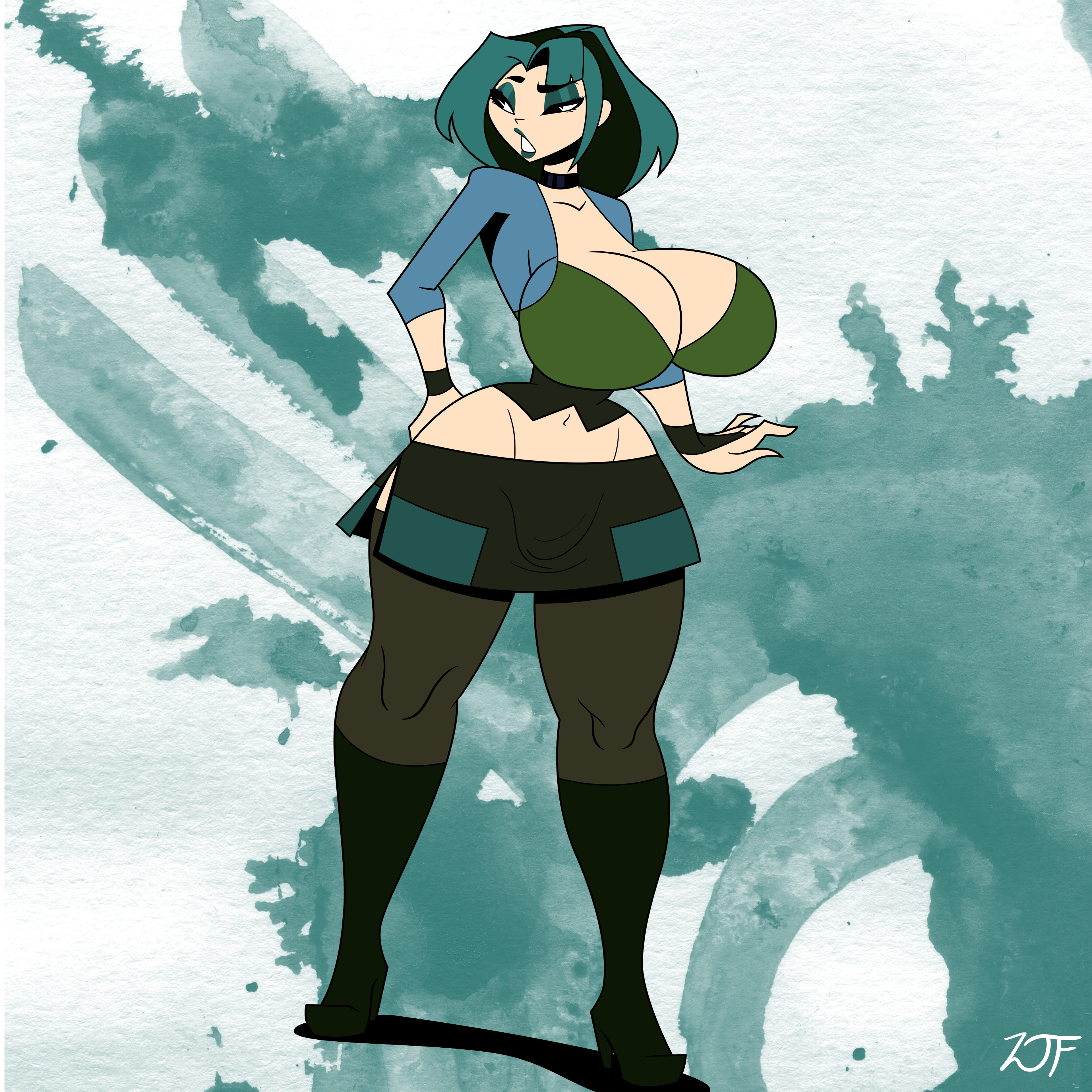 1girls, alternate breast size, areolae, barefoot, big breasts, bracelet, breasts, cartoon network, choker, female, female only, full body, gwen (tdi), hourglass figure, huge breasts, looking to the side, miniskirt, multicolored hair, neckwear, redesign, rustysh4ckl3ford, short hair, skirt, solo, solo female, standing, thighhighs, total drama (series), total drama island, wristwear