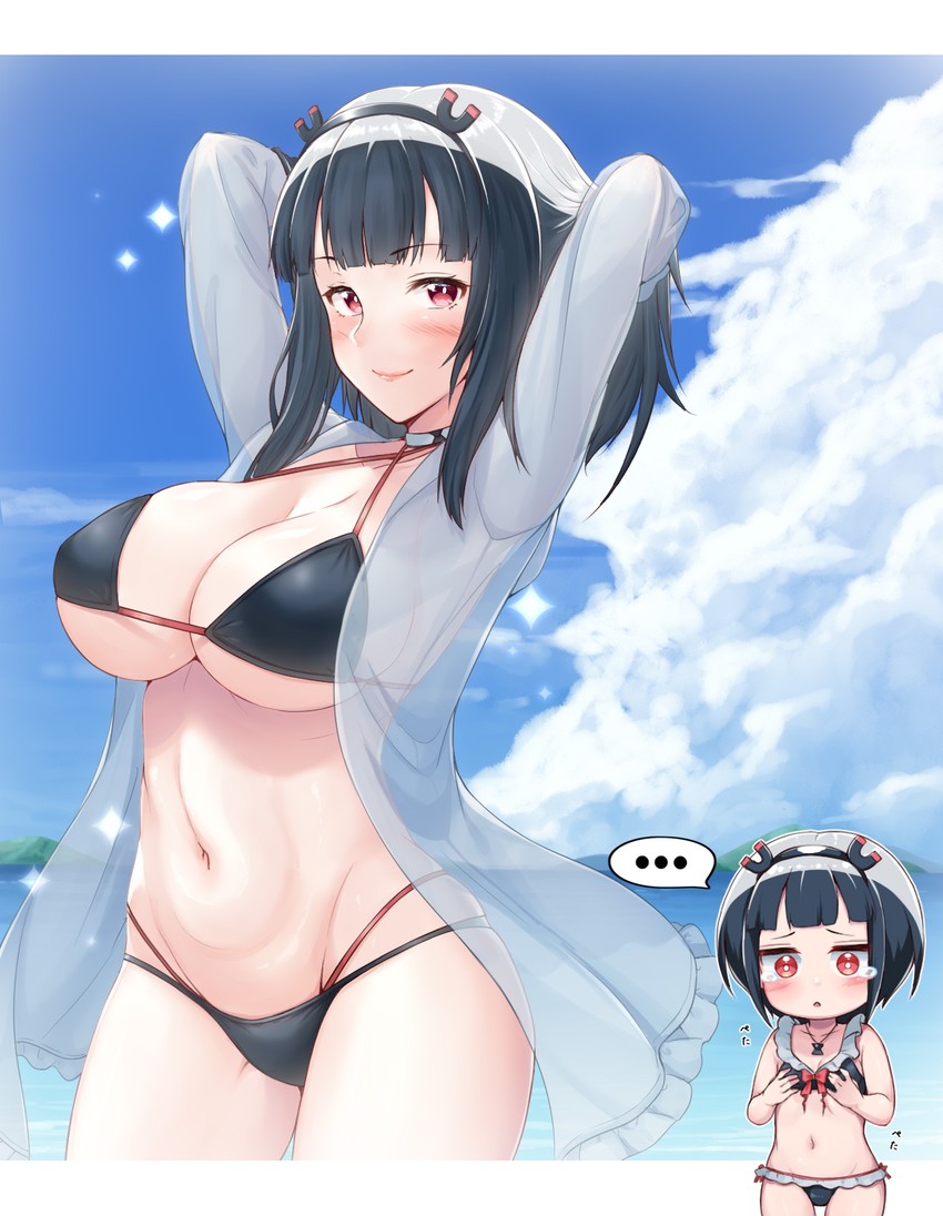 2girls arms_behind_head big_breasts bikini black_hair blush crying dark_hair fully_clothed headband holding_own_breasts imagining jitomi_monoe light-skinned_female petite red_eyes sad sheer slim_waist smaller_female swimsuit tears tenneko_yuuri thick_thighs toned_stomach translucent_clothing underboob virtual_youtuber voms_project wide_hips young