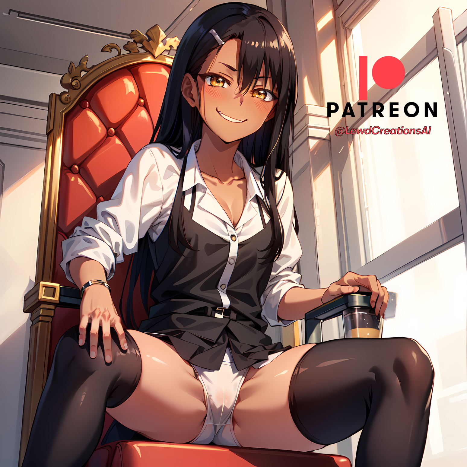 1girls, ai generated, black hair, black legwear, blush, breasts, brown eyes, cameltoe, clothed, clothing, female, female focus, female only, hayase nagatoro, hi res, highres, lewdcreationsai, long hair, looking at viewer, looking back, looking down, panties, please don't bully me, nagatoro, pussy, revealing clothes, simple background, sitting on chair, small breasts, smile, smirk, solo, spread legs, tan, tan body, tan skin, tan-skinned female, tanned, tanned female, thighhighs