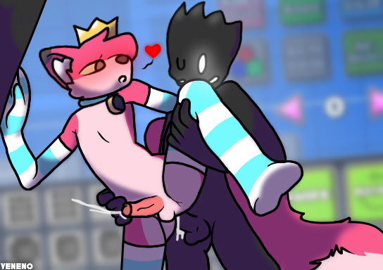 2boys anal armwear big_tail black_skin chessy_(zylenox) collar crown cum cumming cumming_from_anal_sex cumming_together cumming_while_penetrated cumming_while_penetrating cute fox furry gay geometry_dash glowing_eyes glowing_mouth holding_leg leaning leaning_against_wall leaning_on_object looking_back looking_pleasured pink_fur sex standing standing_on_one_leg standing_sex striped_armwear striped_legwear striped_thighhighs thigh_highs thighhighs veneno