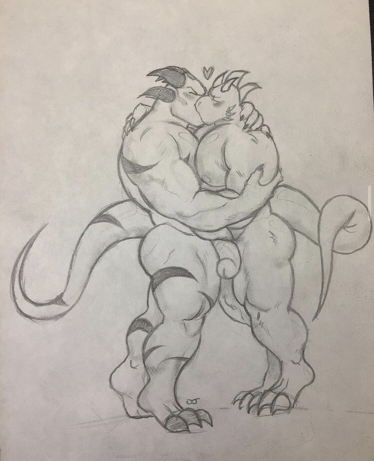 anthro ass big_butt big_muscles big_penis blush claws duo duo_focus grape_shifter hand_on_neck heart holding_each_other horns hugging kissing making_out male male/male male_only muscles muscular muscular_anthro muscular_arms muscular_legs muscular_male muscular_thighs nipples pecs pencil_(artwork) penis scalie tail thick_thighs