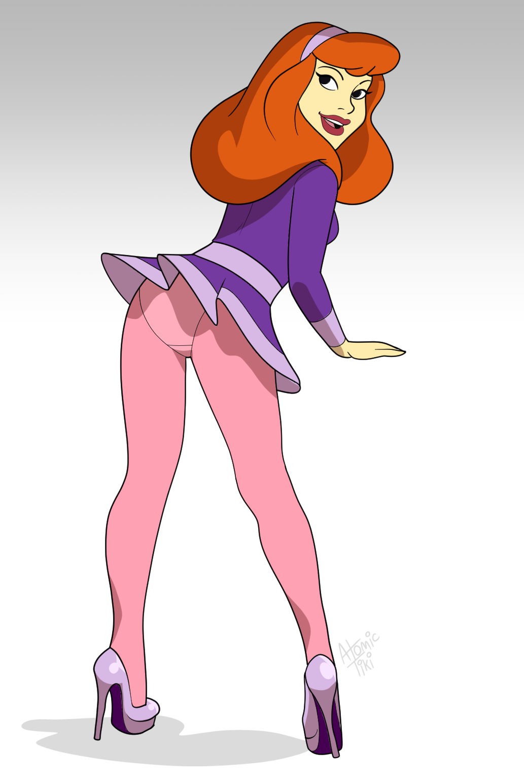 atomictiki axfa clothed clothing daphne_blake dress female female_only fully_clothed hair_band hanna-barbera high_heels looking_back orange_hair panties_under_pantyhose pantyhose pink_pantyhose presenting_hindquarters scooby-doo short_skirt skirt solo upskirt