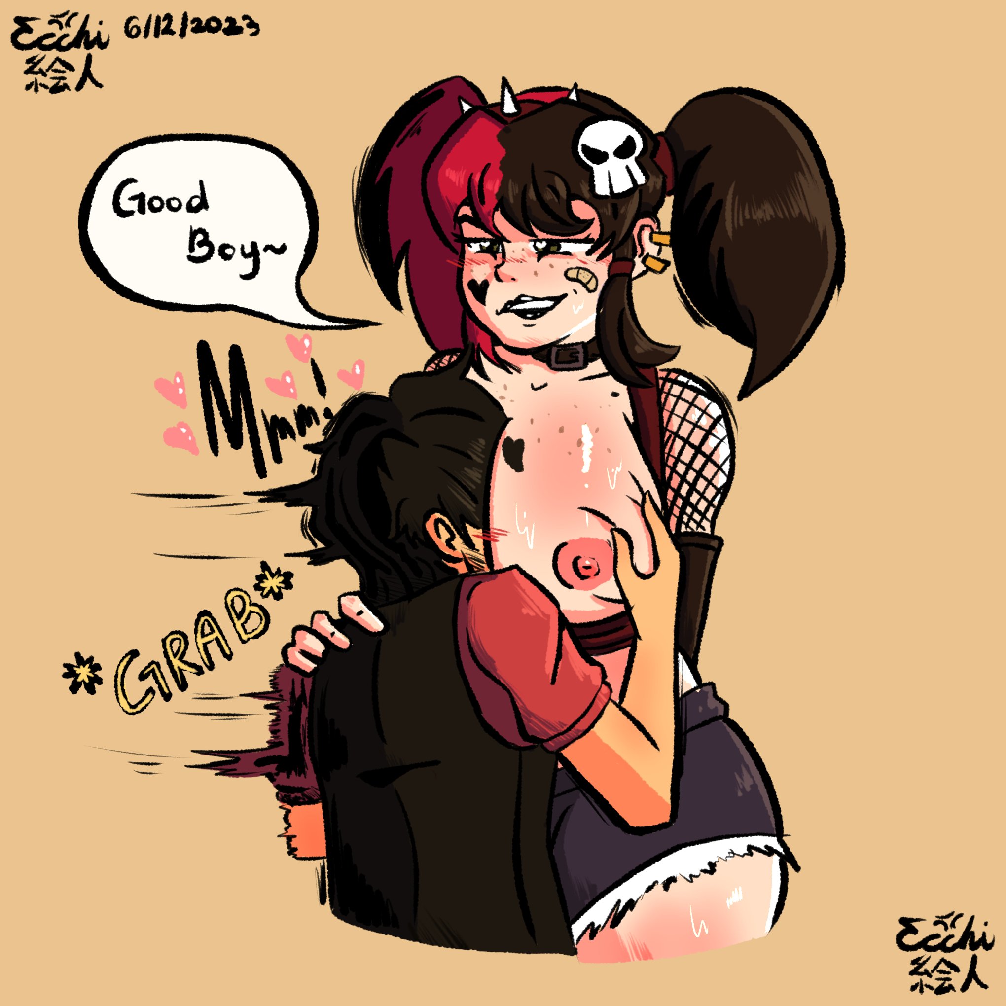 1boy, 1girls, areola, bandaid, big breasts, black hair, black lipstick, blush, breasts, ellie walls (odysseyellie), english text, female, freckles, freckles on breasts, freckles on face, goth, green eyes, hair ornament, hairband, head between breasts, heart tattoo, jai ehito, larger female, light skin, light-skinned female, lipstick, makeup, male, male/female, multicolored hair, nipples, red hair, size difference, skull hair ornament, smaller male, speech bubble, spiked hairband, sweat, tagme, taller female, tattoo, text, twintails