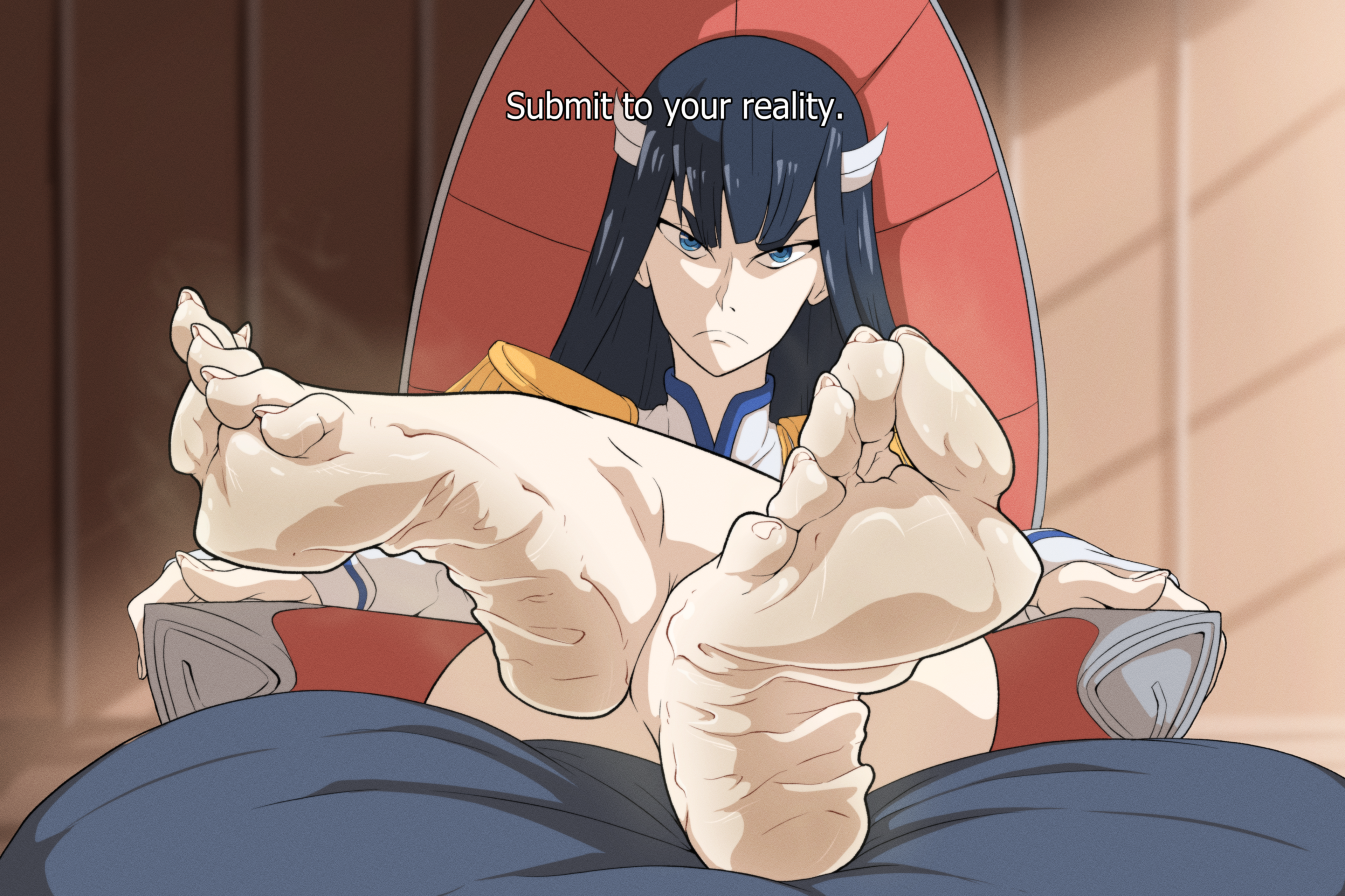 1girls, 2023, absurd res, alternate version available, annoyed, bangs, barefoot, black hair, blue eyes, blue hair, chair, clothed, clothed female, clothes, clothing, crossed legs, dominant, dominant female, english text, feet, feet fetish, feet focus, feet together, feet up, female, femdom, foot, foot fetish, foot focus, front view, frown, glaring, hair, hi res, human, kill la kill, kiryu-sketchbook, kiryuuin satsuki, legs together, light skin, light-skinned female, long hair, looking at viewer, narrowed eyes, pinched toes, presenting, sitting, sitting on chair, soles, solo, talking, talking to viewer, text, toes, unamused, wrinkled feet, wrinkled soles