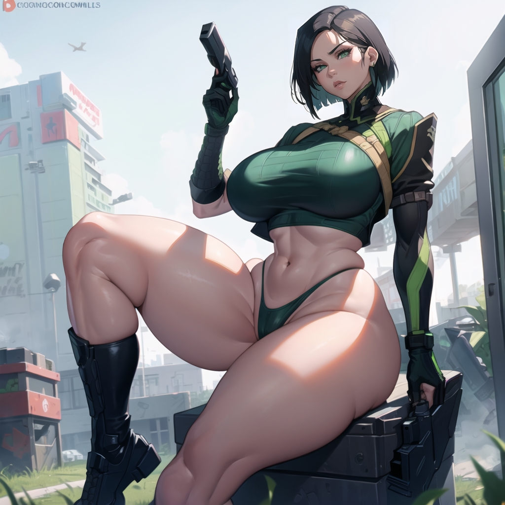 ai_generated big_breasts cixf dark_hair green_eyes half_naked huge_breasts riot_games short_hair sitting thick_thighs valorant viper_(valorant)