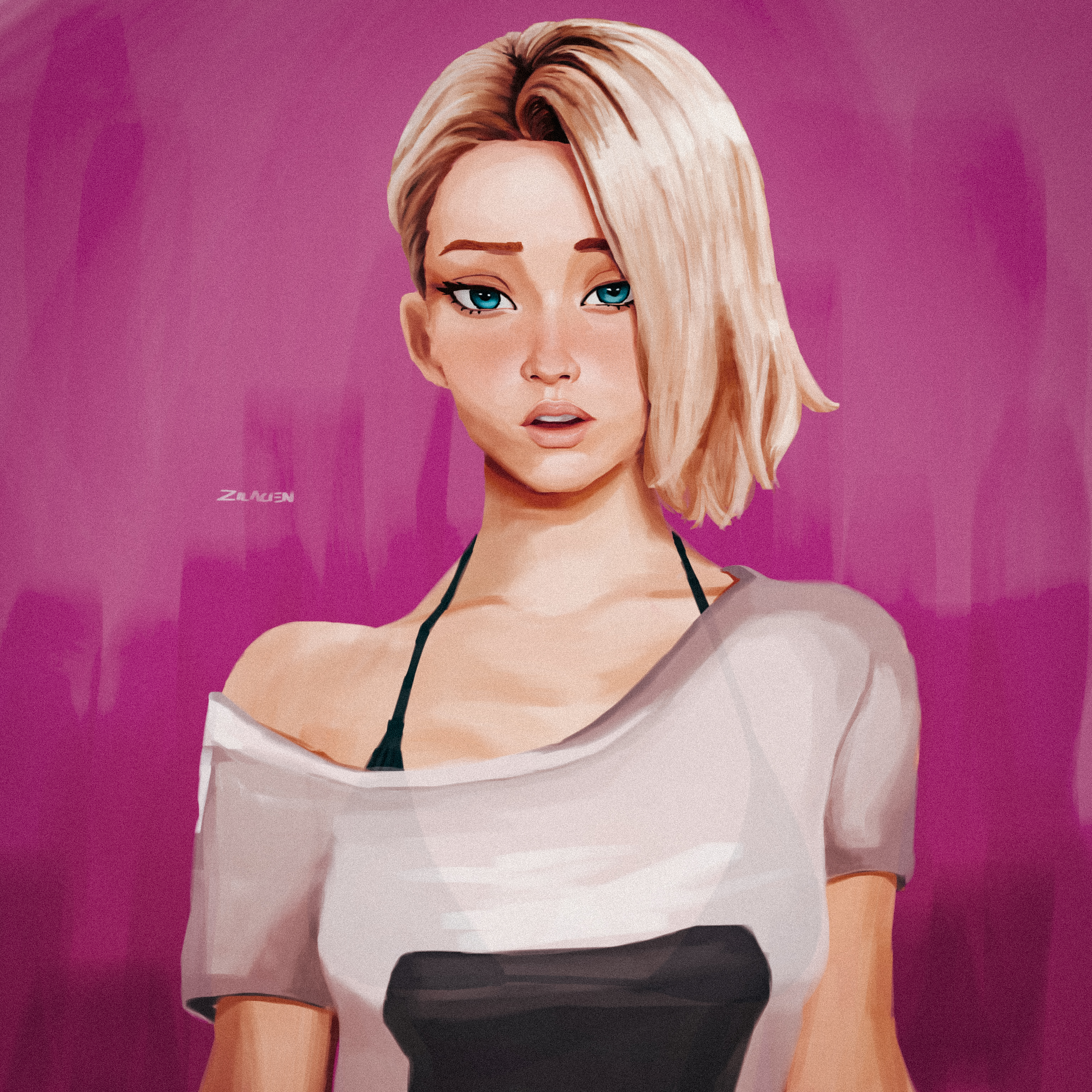 1girls, asymmetrical hair, baggy clothing, big breasts, bikini, bikini bottom, bikini top, blonde female, blonde hair, blue eyes, blush, bra, breasts, cleavage, digital drawing (artwork), digital media (artwork), female, female only, gwen stacy, gwen stacy (spider-verse), human, human only, light skin, light-skinned female, marvel, marvel comics, panties, self upload, shaved side, short hair, simple background, solo, solo female, spider-gwen, spider-man (series), spider-man: into the spider-verse, standing, tomboy, transparent clothing, tshirt, underwear, wet, wet clothes, wet skin, zil a cien