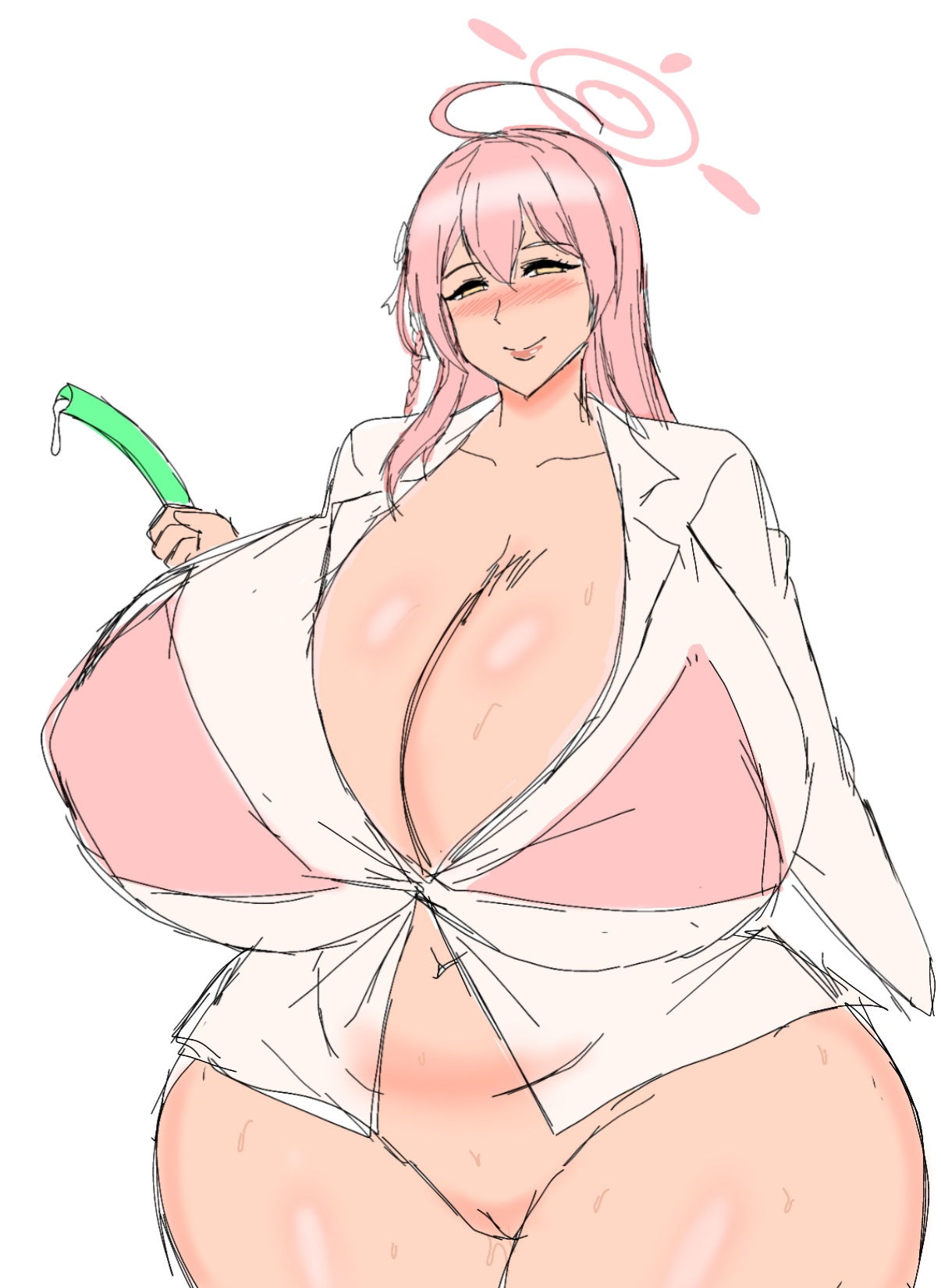 big breasts, blue archive, breasts, chubby, chubby female, female, giant breasts, gigantic breasts, hanako (blue archive), hanako (swimsuit) (blue archive), huge breasts, large breasts, massive breasts, momiji (artist), pink hair, pussy, trinity general school student