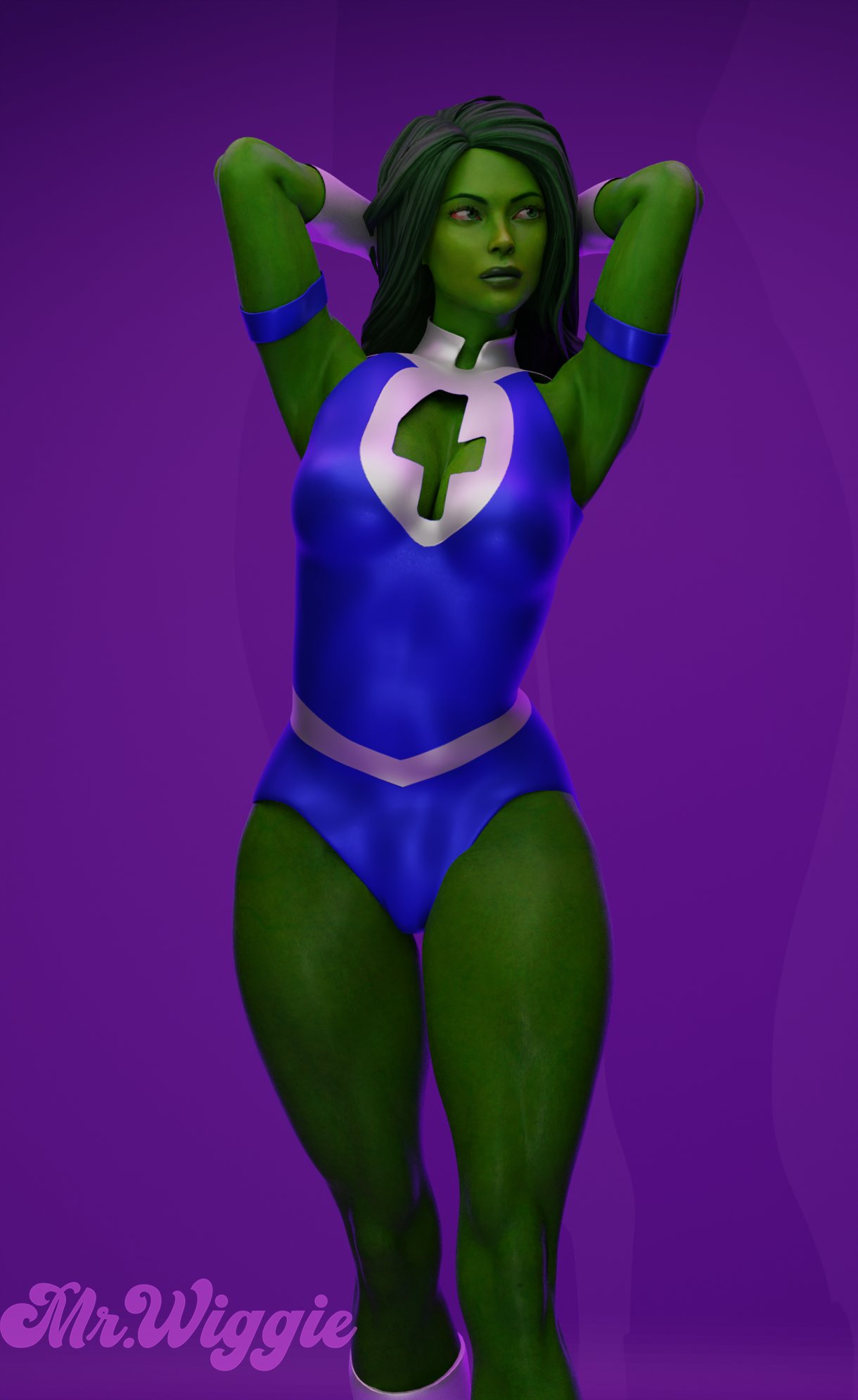 1girls 3d 3d_(artwork) arms_behind_head artist_name athletic athletic_female big_ass big_breasts boob_window bottom_heavy breasts busty cleavage_cutout cosplay fantastic_four female female_only fit fit_female gloves green-skinned_female green_body green_eyes green_hair green_skin hips hourglass_figure huge_breasts hulk_(series) invisible_woman_(cosplay) large_breasts legs leotard light-skinned_female light_skin long_hair marvel marvel_comics mature mature_female mini_giantess mr.wiggie mr.wiggle muscle_girl muscular muscular_female purple_background she-hulk simple_background slim_waist solo sue_storm_90s_costume superheroine thick thick_legs thick_lips thick_thighs thighs toned toned_body toned_female top_heavy voluptuous waist wide_hips