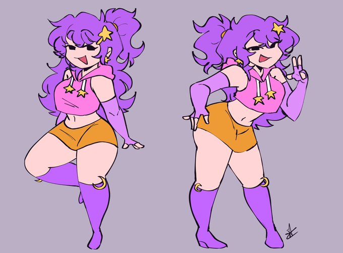 ass, female, friday night funkin, girlfriend (friday night funkin), hand on ass, hand on butt, high heels, hoodie, looking at viewer, moon, peace sign, pink clothing, pink shirt, purple clothing, purple hair, reference image, shawncookie, short shirt, stars, stars in hair, thick thighs, thighs, yellow clothing