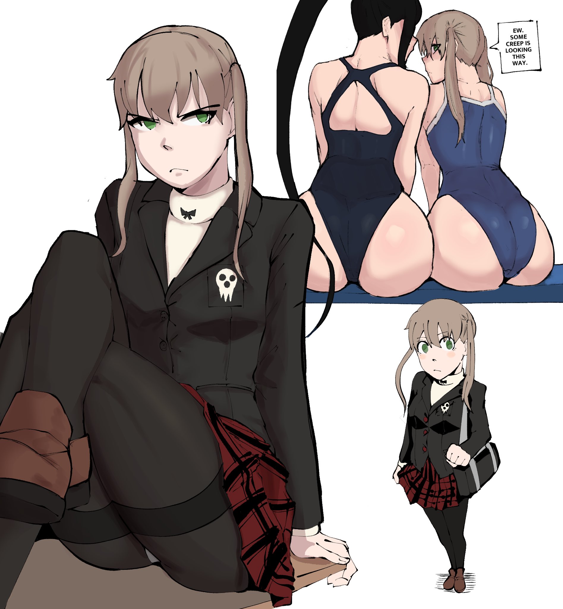ass, bag, blue one-piece swimsuit, blue swimsuit, dialogue, dialogue box, english text, female, green eyes, jacket, light skin, light-skinned female, looking at viewer, looking back, maka albarn, mobi mobi, nakatsukasa tsubaki, one-piece swimsuit, pale skin, pale-skinned female, panties, panties under pantyhose, pantyhose, pantyshot, ponytail, skirt, soul eater, sweater, swimsuit, underwear, upskirt, wide hips