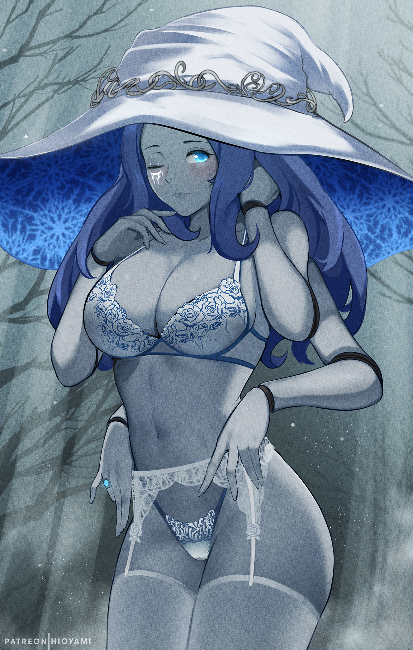 1girls, 4 arms, big breasts, blue eyes, blue hair, blush, bottomwear, bra, breasts, cleavage, elden ring, female, female only, fromsoftware, garter belt, garter straps, hat, headwear, hioyami, huge breasts, lace, lace trim, lace-trimmed bra, lace-trimmed garter belt, lace-trimmed panties, legwear, lingerie, long hair, multi arm, multi limb, one eye closed, panties, ranni the witch, solo, solo female, thick thighs, thighhighs, topwear, white bra, white panties, white thighhighs, witch hat