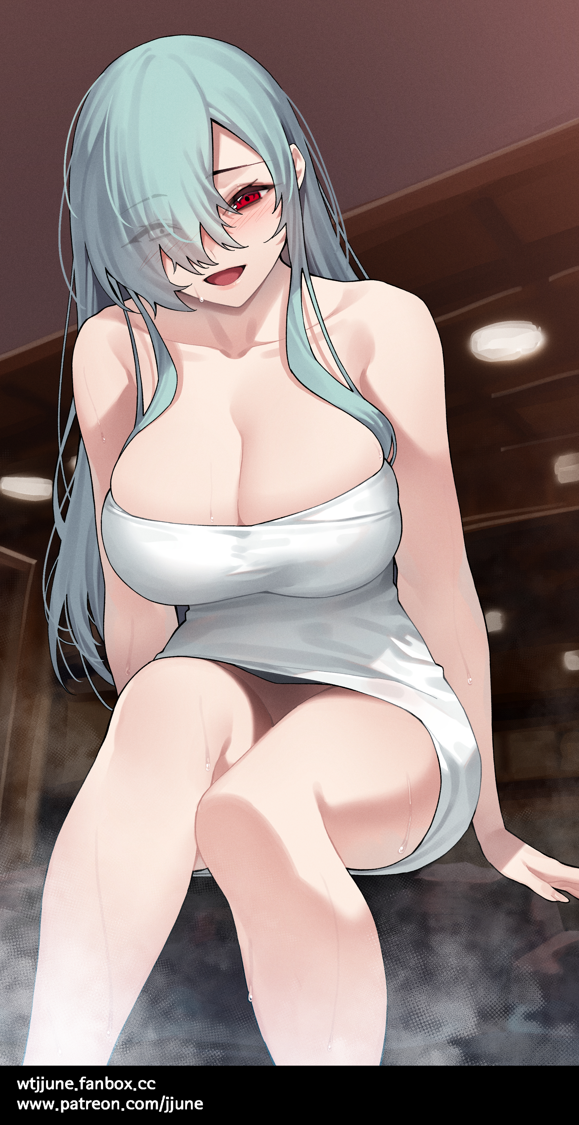 1girls, bangs, bangs over eyes, bathhouse, big breasts, blue hair, blush, breasts, cleavage, collarbone, commentary request, eye visible through hair, eyebrows visible through hair, female, female focus, female only, hi res, imminent penetration, imminent sex, jjune, large breasts, legs, legs together, long hair, onsen, open mouth, original, red eyes, steam, sweat, sweating, tagme, towel