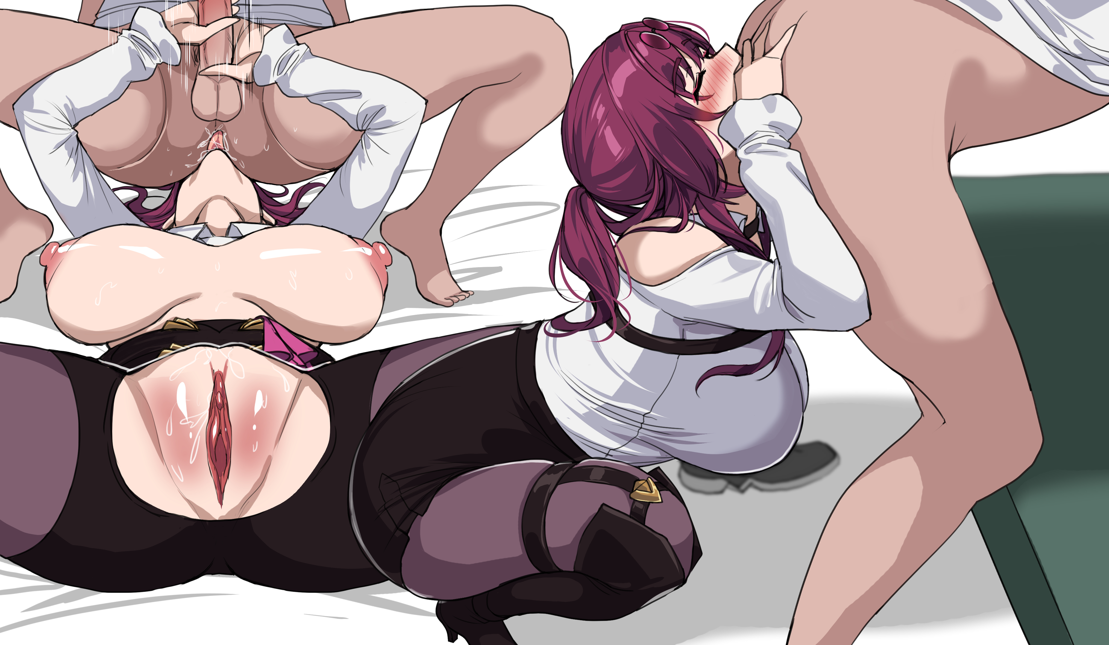 1boy, 1girls, areolae, big breasts, breasts, caelus (honkai: star rail), clothing, crouching, drogod (artist), faceless male, female, female rimming male, glasses, glasses on head, handjob, hi res, highres, honkai (series), honkai: star rail, kafka (honkai: star rail), large breasts, long sleeves, male, male pubic hair, nipples, penis, pubic hair, purple hair, rimjob, rimming, shirt, shorts, small penis, spread legs, squatting, thick, thick thighs, two-handed handjob, uncensored, voluptuous