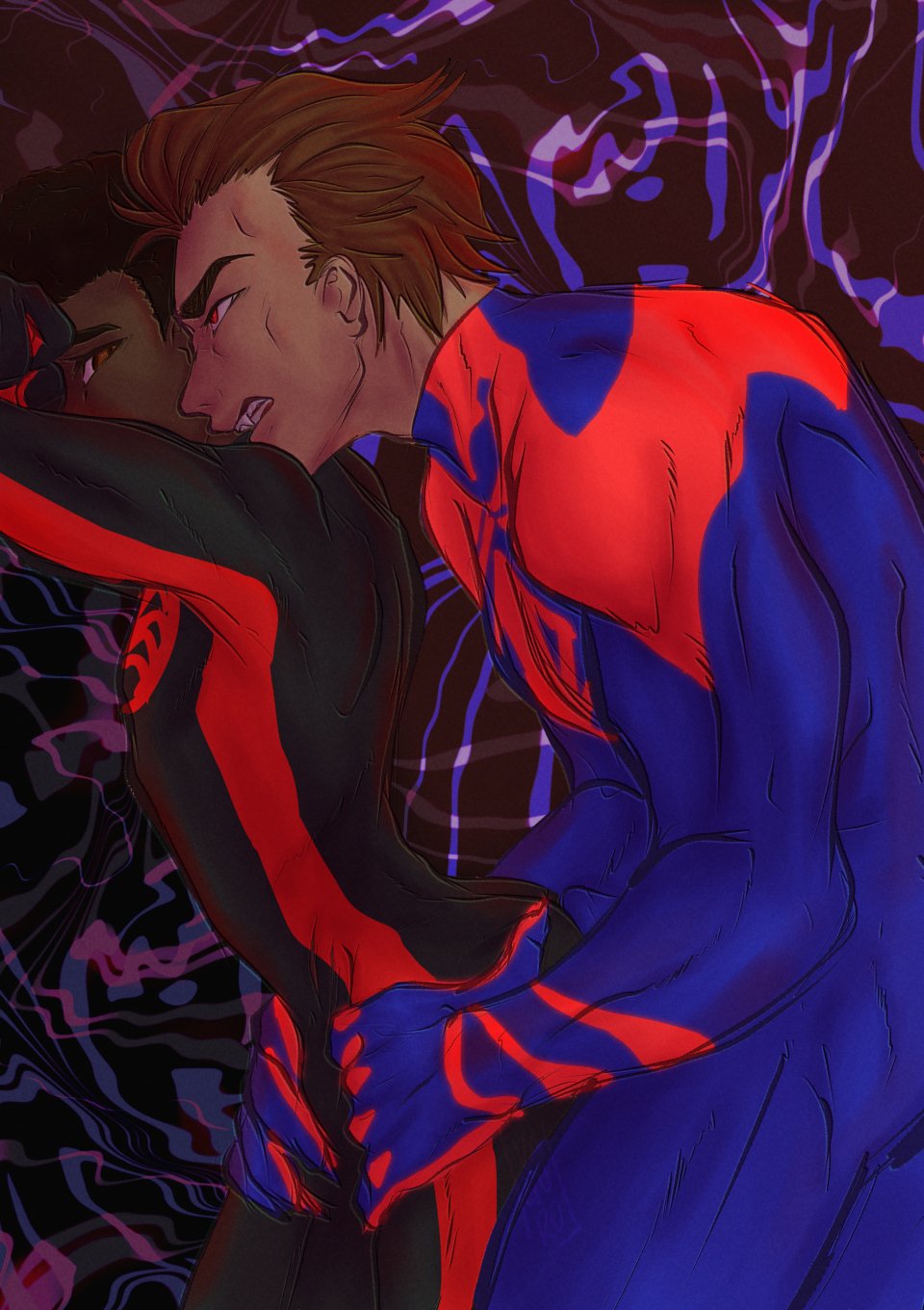 buldge, dark male only, dark skin, dark-skinned male, flowerfang, gay, gay sex, male, male only, male/male, marvel, marvel comics, miguel o'hara, miles morales, spandex, spandex suit, vaguro project, varguro project, yaoi