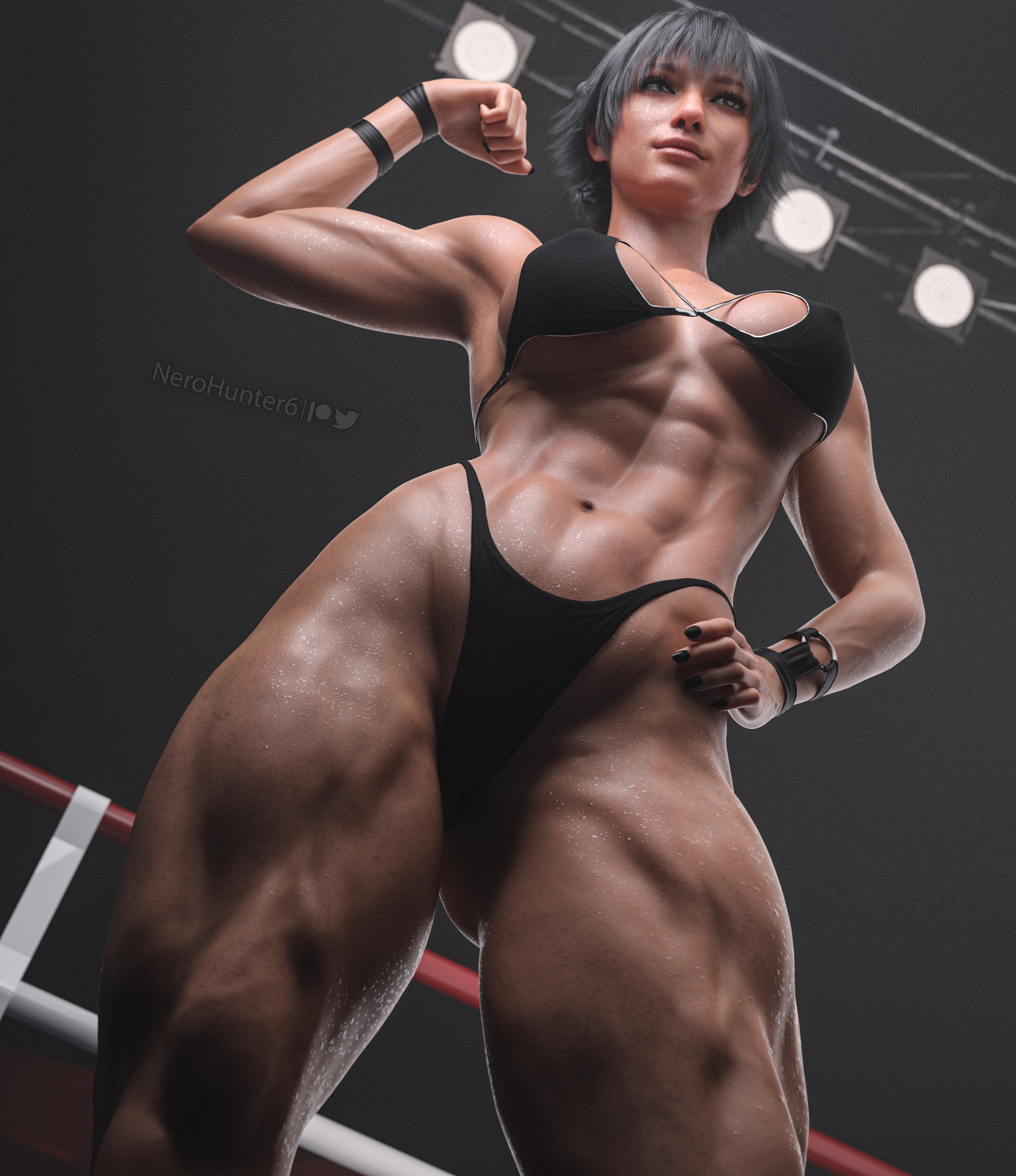 1girls, 3d, abs, absurdres, ass, big ass, big breasts, black hair, black nail polish, black nails, bra, breasts, capcom, devil may cry, devil may cry (series), devil may cry 5, female, female only, fit, fit female, heterochromia, highres, lady (devil may cry), muscular, muscular female, nail polish, nerohunter6, panties, realistic, short hair, solo, solo female, thick thighs, tomboy, toned, toned female