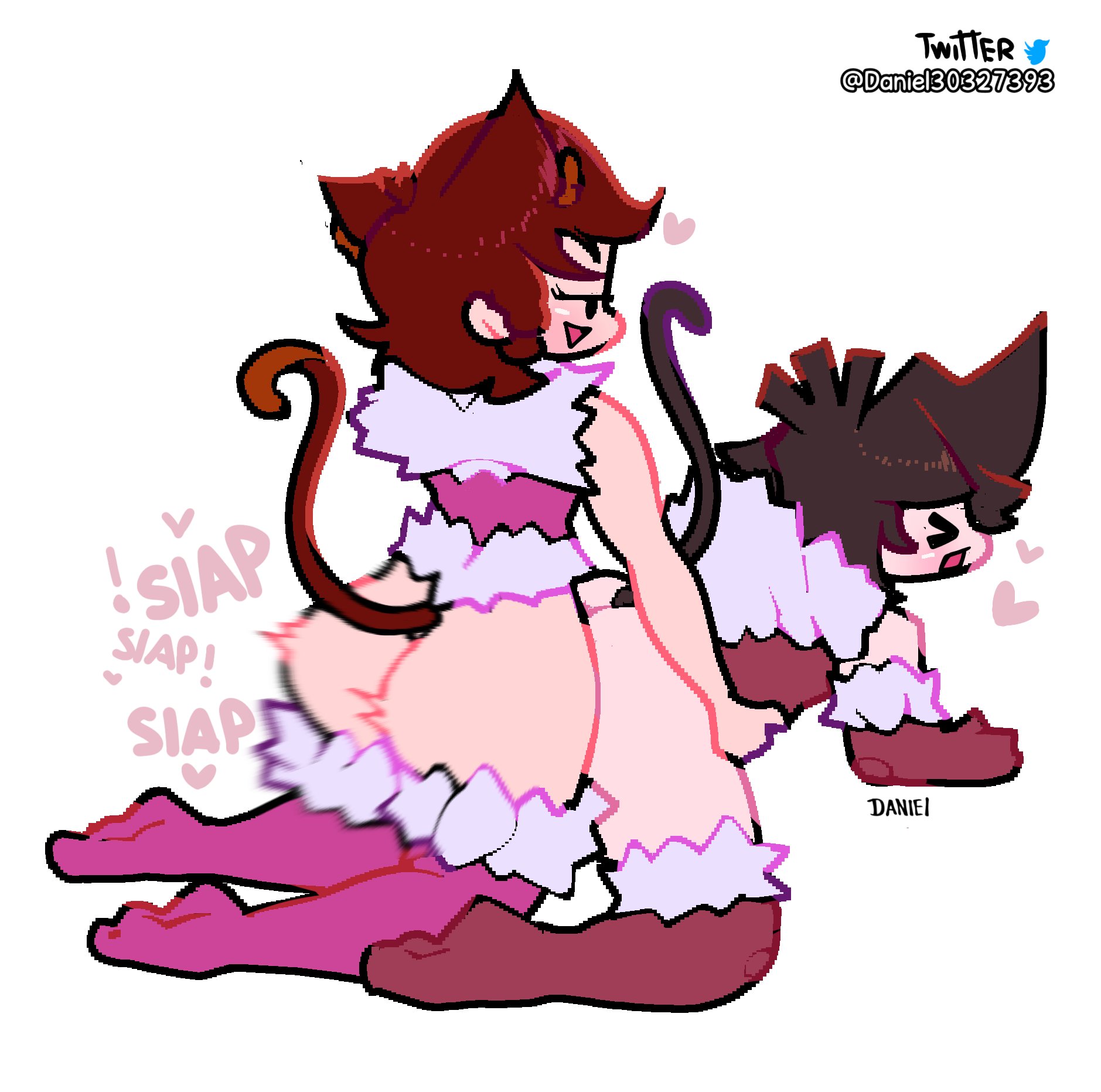 1boy, 1futa, all fours, anal, anal sex, animal ears, ass, big ass, bottomless, breasts, brown hair, cat ears, cat tail, closed eyes, clothed, clothing, dani (danielito), danielito, english text, female, friday night funkin, futa on femboy, futa on male, futanari, girlfriend (friday night funkin), gloves, heart, hearts around head, huge ass, humanoid, intersex, kemonomimi, light skin, light-skinned female, light-skinned futa, male, original character, partially clothed, penetration, plap, red hair, sex, short hair, smile, text, thick thighs, thighhighs