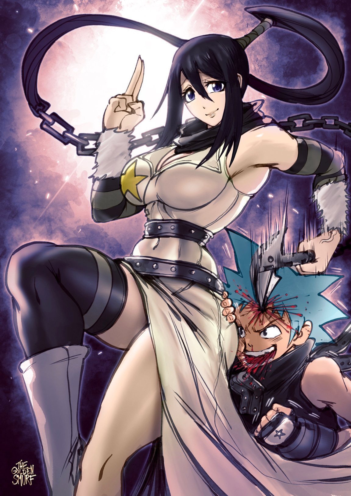 1boy 1boy1girl 1girls armwear ass beige_dress beige_sleeveless_dress beige_sweater big_ass big_breasts black_hair black_star blood blue_eyes blue_hair breasts chains dark-skinned_male dark_skin female hand_on_another's_ass large_ass large_breasts legwear looking_at_viewer male nakatsukasa_tsubaki navel navel_visible_through_clothes pale-skinned_female pale_skin ponytail smile smiling smiling_at_viewer soul_eater thegoldensmurf thighhighs thighs tight_clothes tight_clothing tight_dress wide_hips